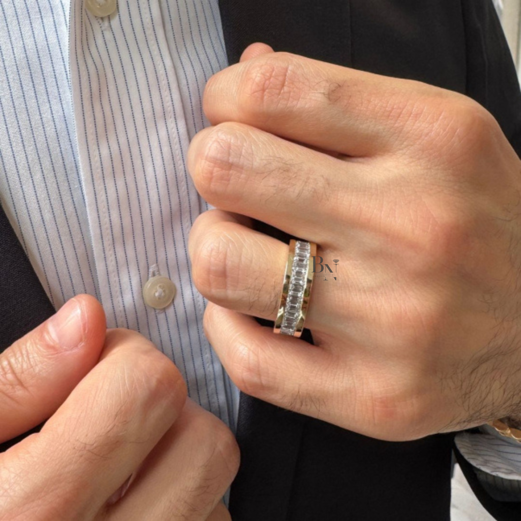 Mens Diamond Wedding Band, 3.90CT Emerald Cut Lab Grown Eternity Ring, 14K Gold Channel Set Band, 6.5mm Wide