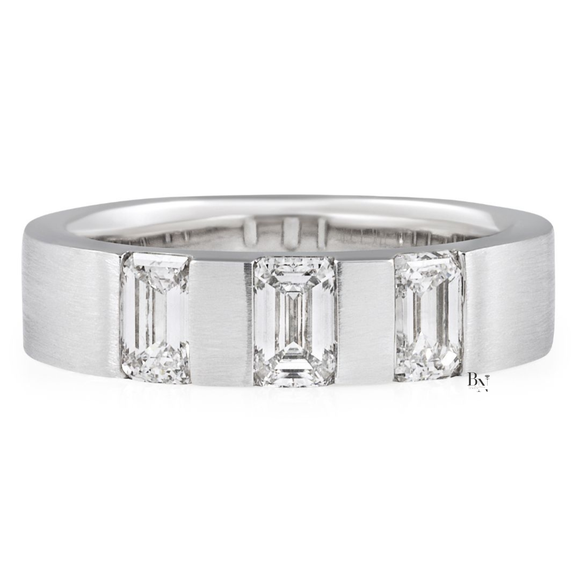 Mens Emerald Cut Lab Diamond Wedding Band, 1.30 CTW 3 Stone Matte Gold Ring, 5.6mm