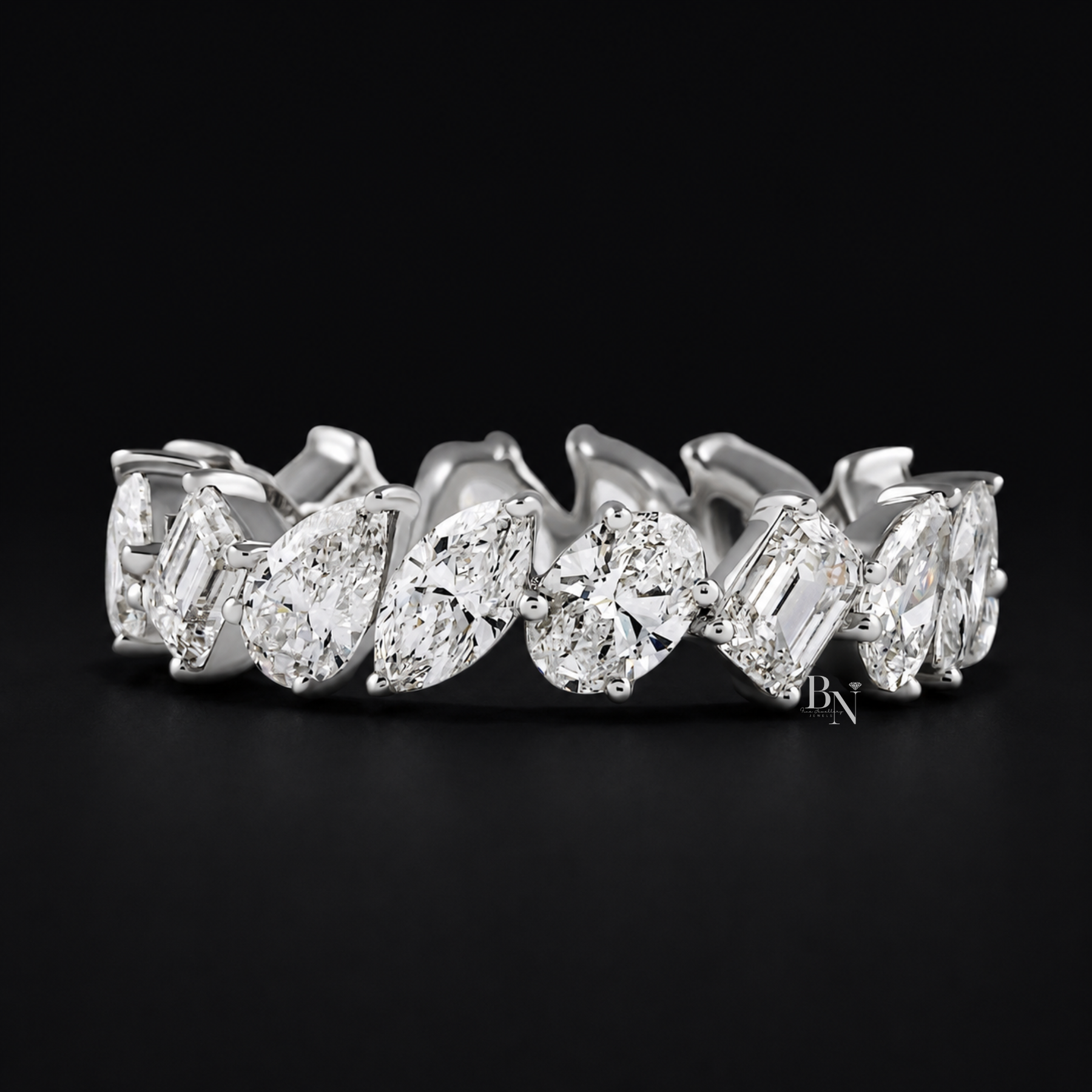 3.20ct Multi Shape Lab Grown Diamond Eternity Band, Mixed Cut Slanted Wedding Ring, 5mm