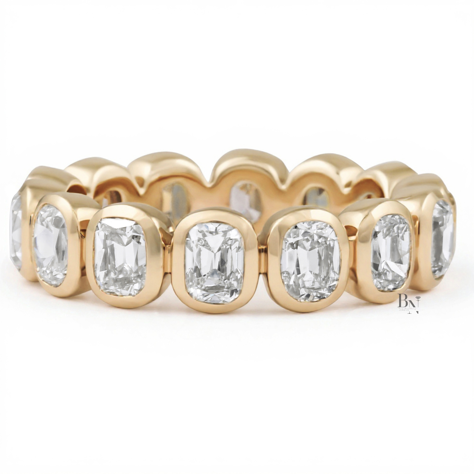 3.65ct Antique Cushion Cut Eternity Band, Bezel Set Lab Diamond Wedding Ring, 5.1mm Wide