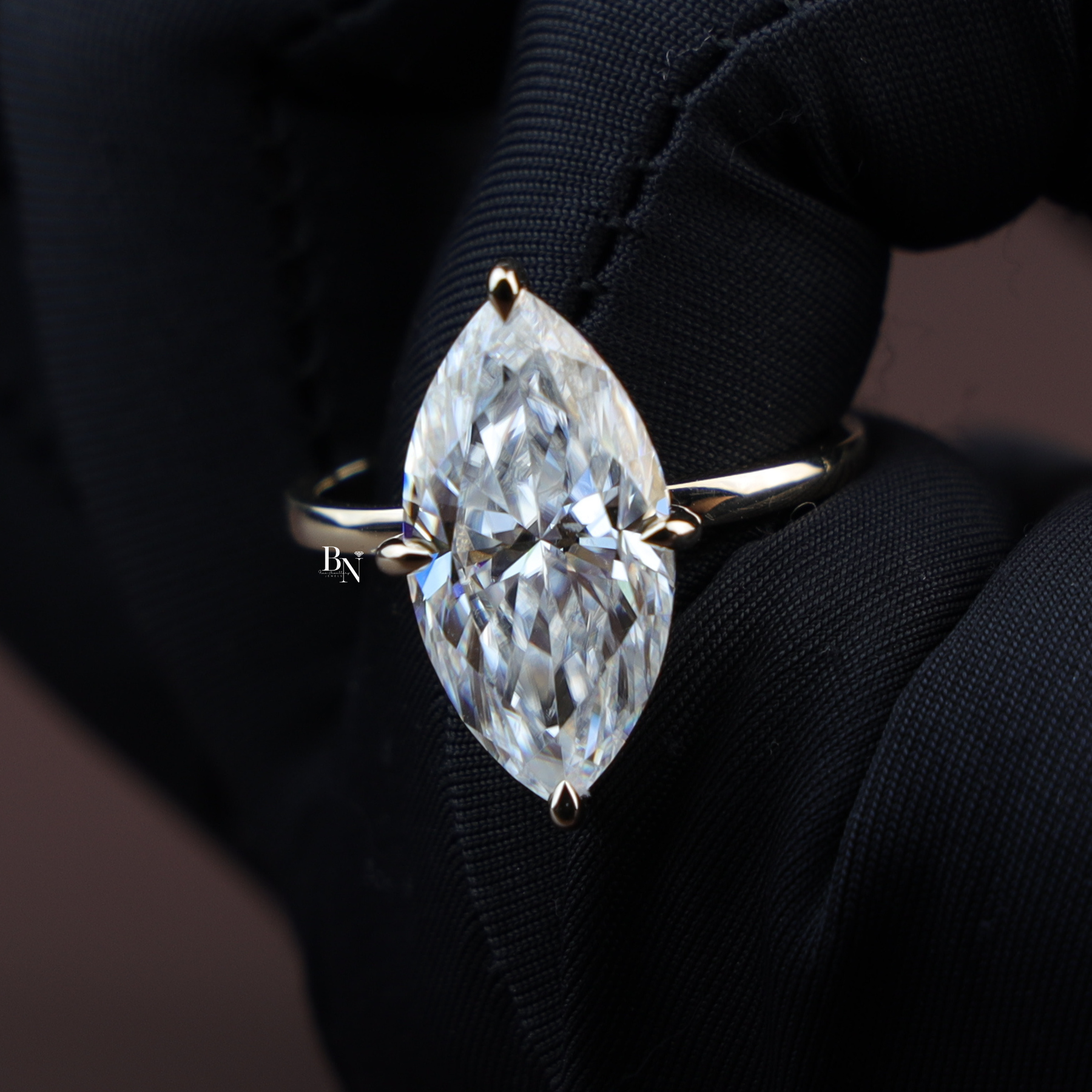6ct Marquise Cut Lab Grown Diamond Engagement Ring, Modern Slim Band Solitaire Ring, Yellow Gold
