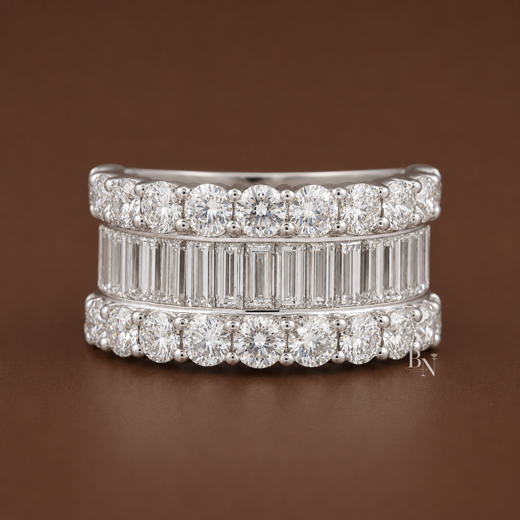 3.51ctw Baguette & Round Lab Grown Diamond Wedding Band, 10.6mm Wide Multi Row Statement Ring