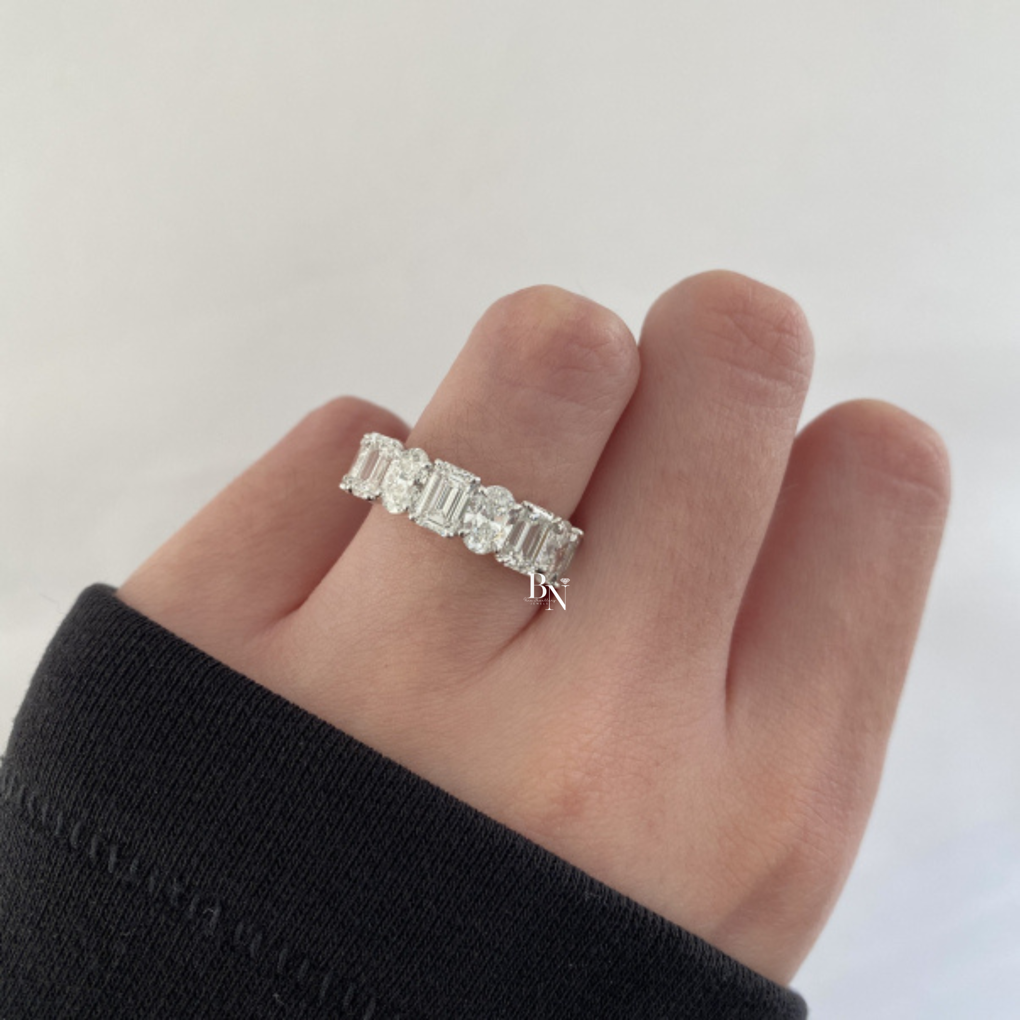 Oval and Emerald Lab Diamond Eternity Band, 7.50 CTW Alternating Mixed Shape Ring, 14K Gold