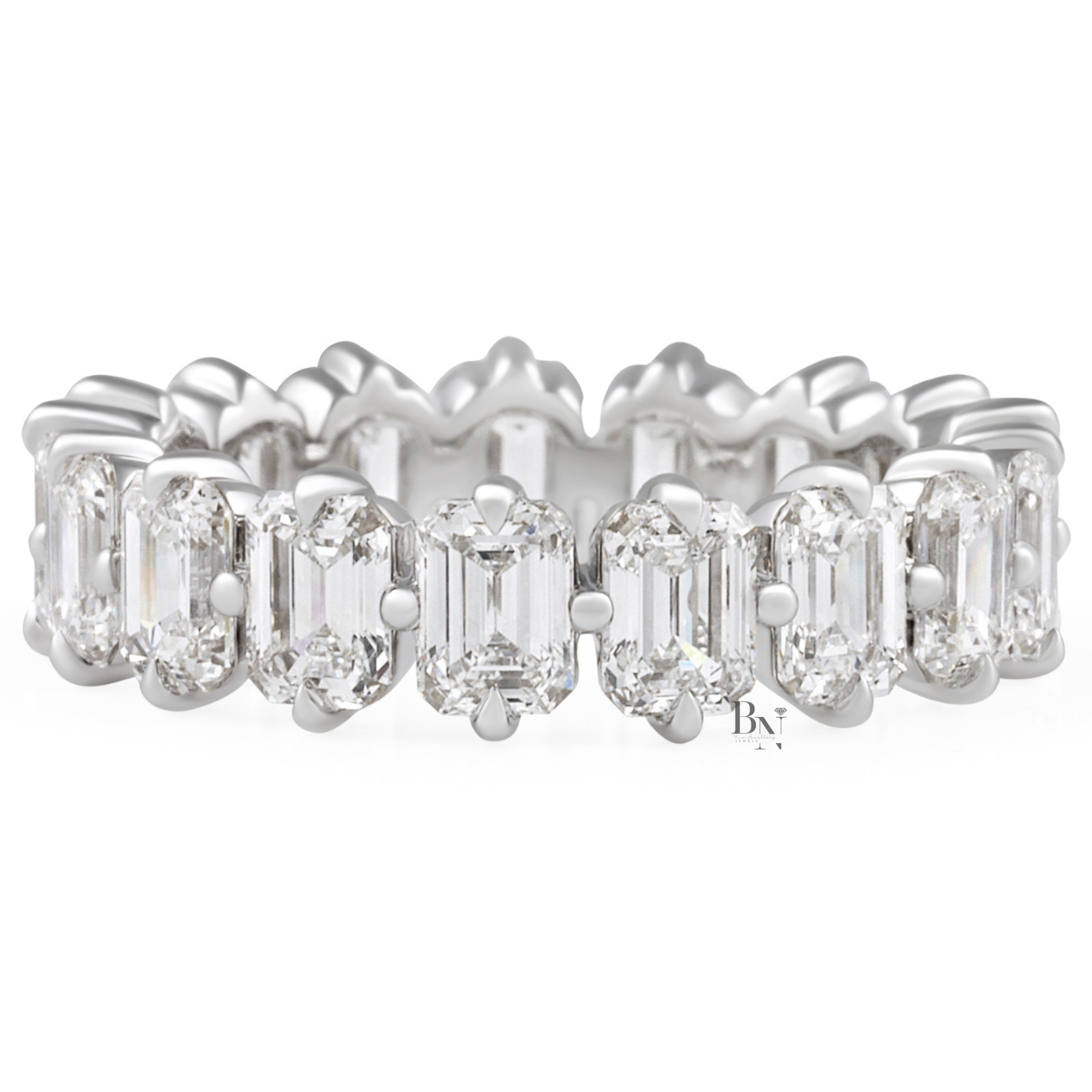 4CTW Emerald Cut Lab Diamond Eternity Band, Compass Prong Wedding Ring, 14K Gold 5.3mm Band
