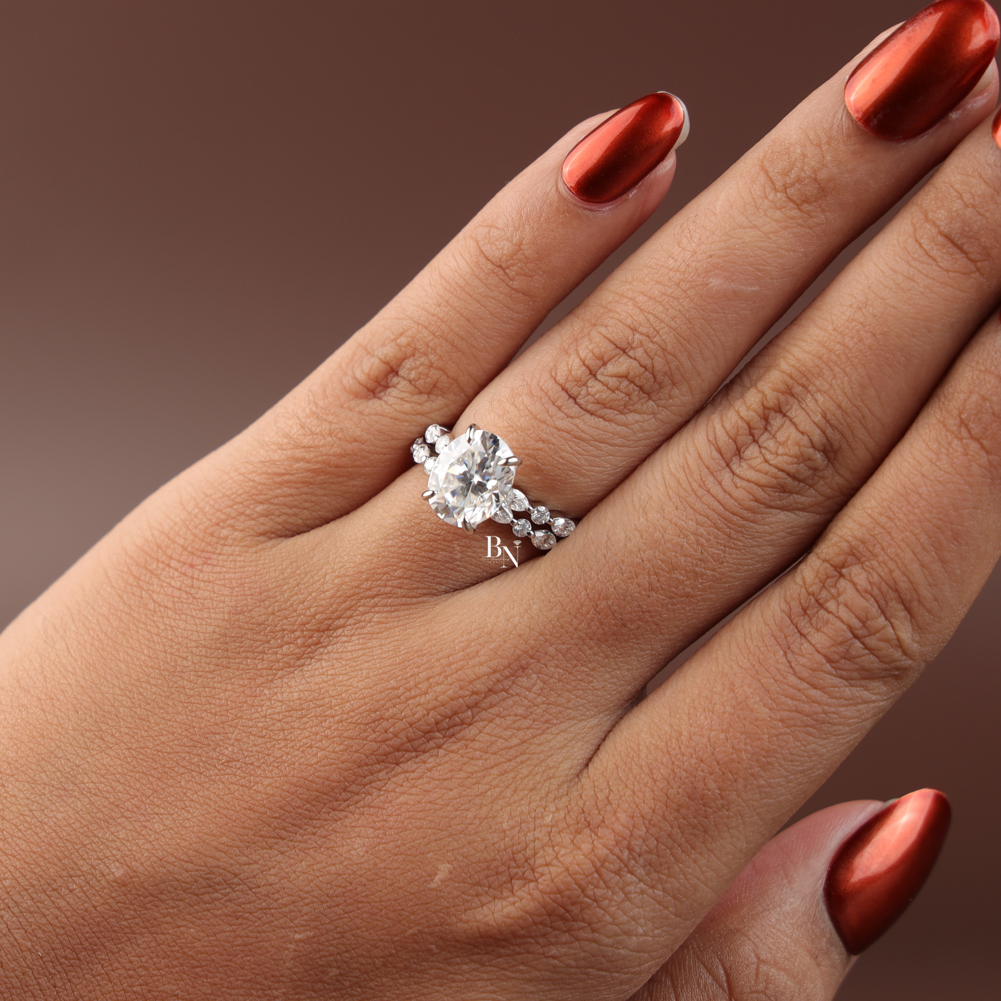 1 CTW Oval Lab Grown Diamond Bridal Set, Alternating Marquise and Round Band Engagement Ring