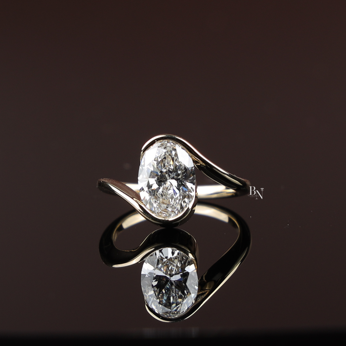 Oval Cut Lab Grown Diamond Ring, Bezel Set Modern Solitaire, Asymmetric Bypass Ring, 2ct