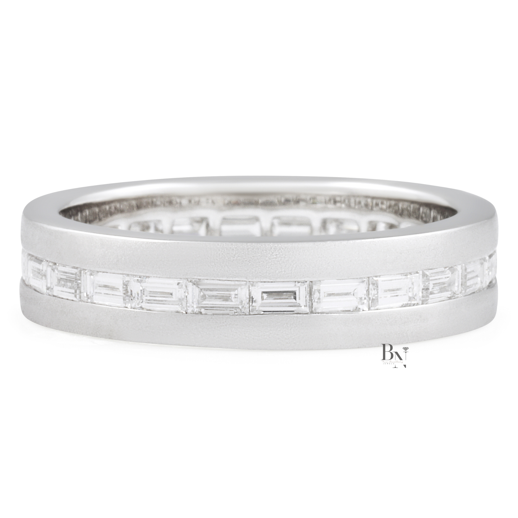 Mens Diamond Wedding Band, Baguette Lab Grown Eternity Ring, Matte 14K Gold Channel Set Band, 5.5mm East West Ring