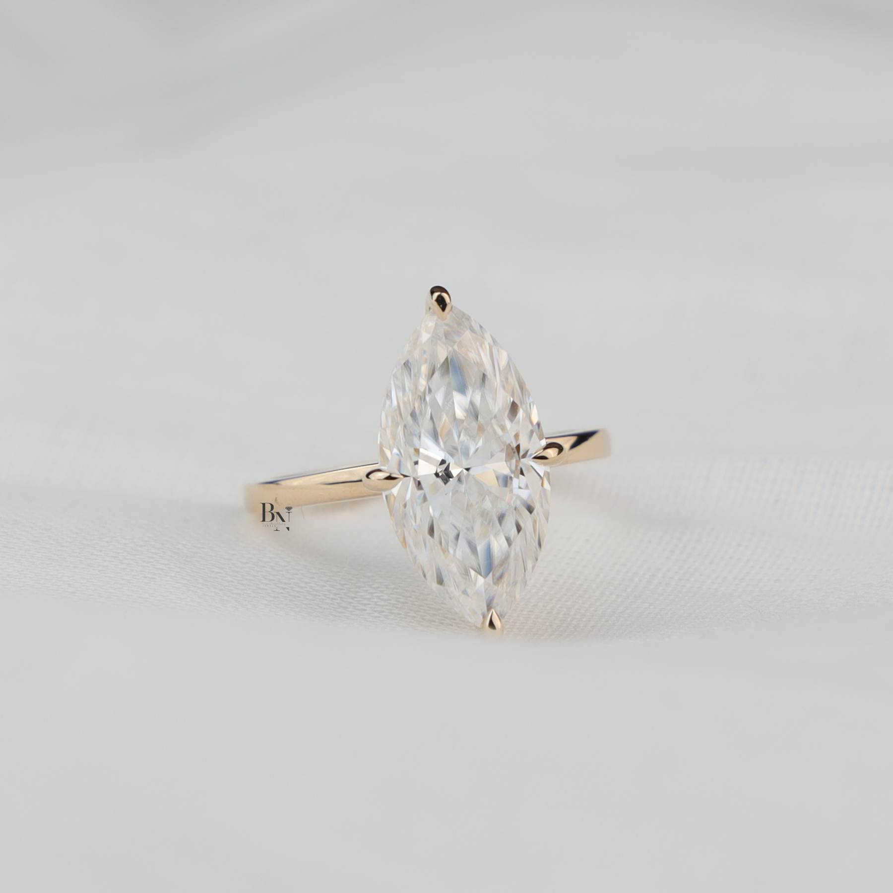 6ct Marquise Cut Lab Grown Diamond Engagement Ring, Modern Slim Band Solitaire Ring, Yellow Gold