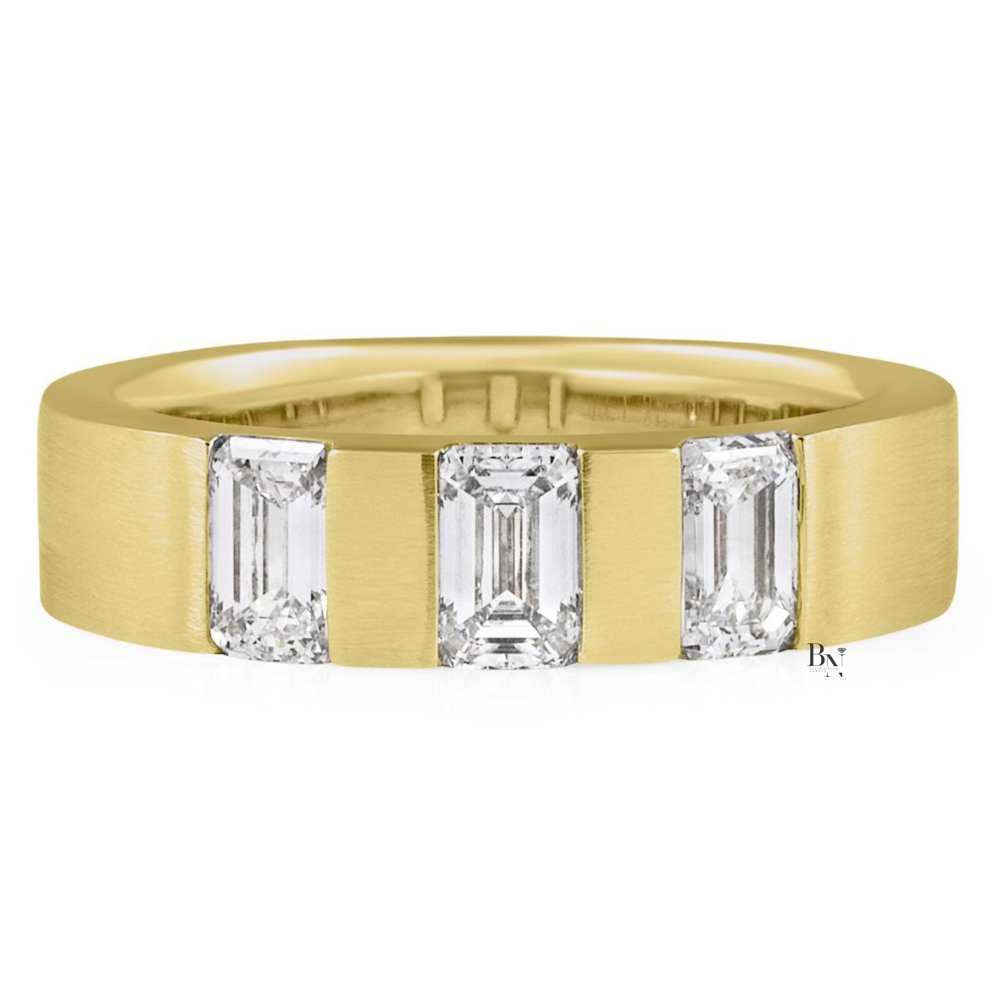 Mens Emerald Cut Lab Diamond Wedding Band, 1.30 CTW 3 Stone Matte Gold Ring, 5.6mm