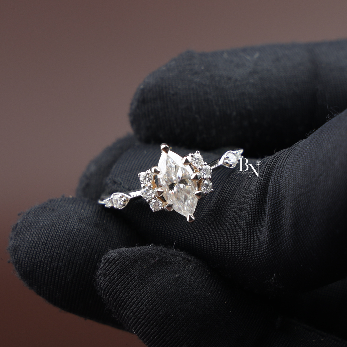 1.1ct Marquise Lab Grown Diamond Engagement Ring, Vintage Inspired Cluster Ring, Milgrain Diamond Ring