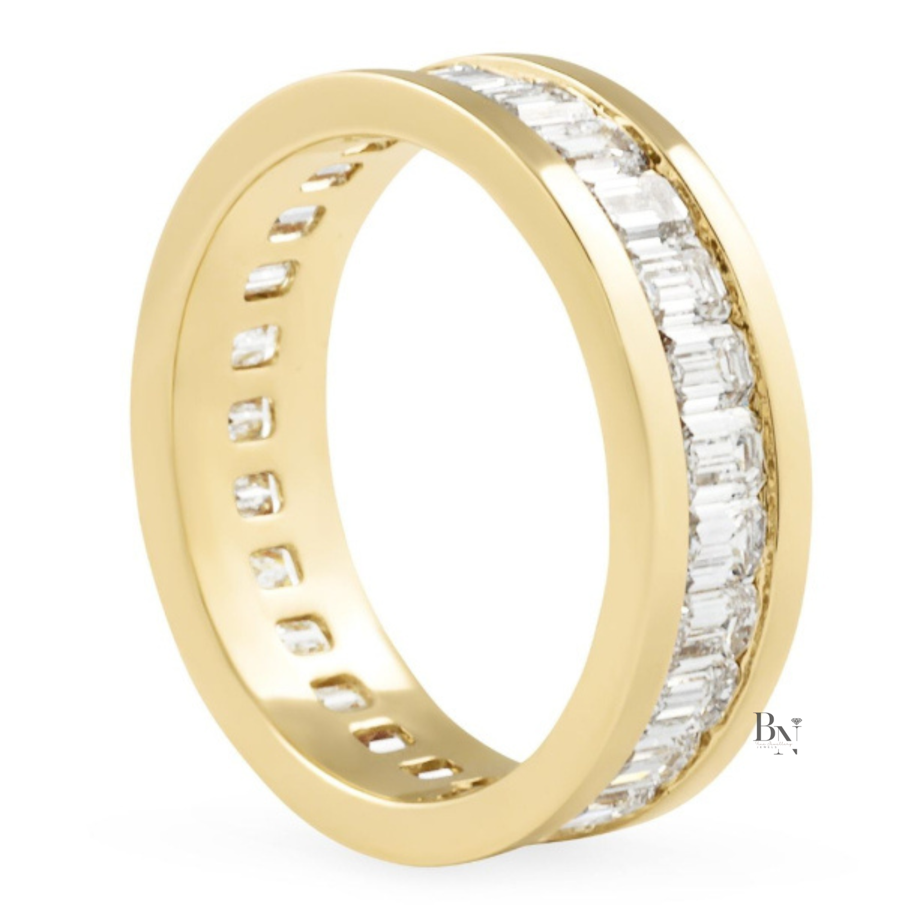 Mens Diamond Wedding Band, 3.90CT Emerald Cut Lab Grown Eternity Ring, 14K Gold Channel Set Band, 6.5mm Wide