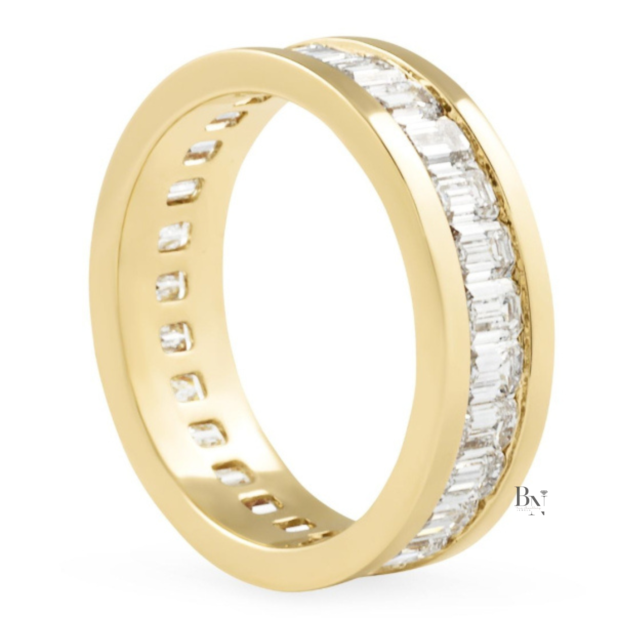 Mens Diamond Wedding Band, 3.90CT Emerald Cut Lab Grown Eternity Ring, 14K Gold Channel Set Band, 6.5mm Wide