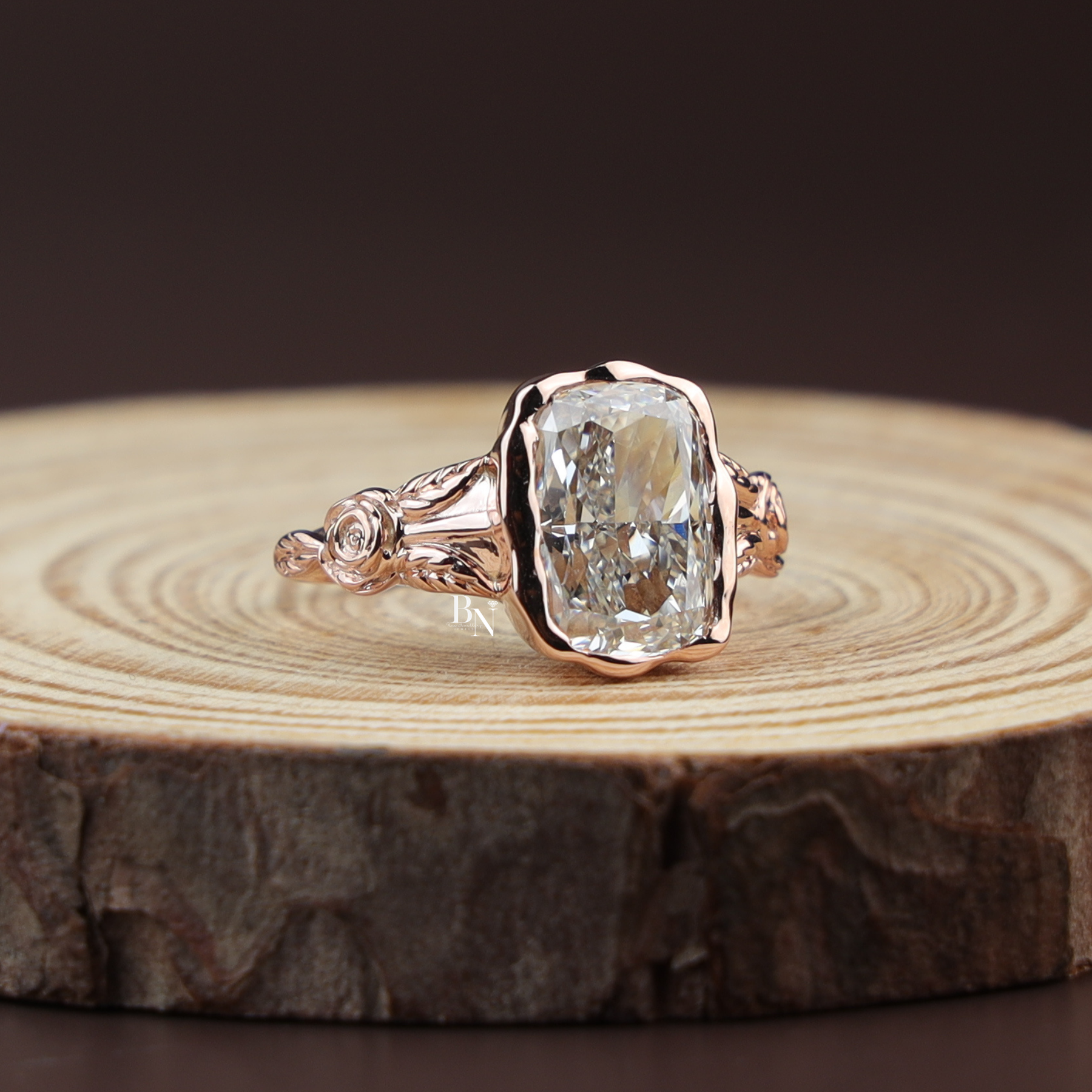 4ct Elongated Cushion Cut Lab Grown Diamond Engagement Ring, Floral Bezel Set Nature Inspired Ring