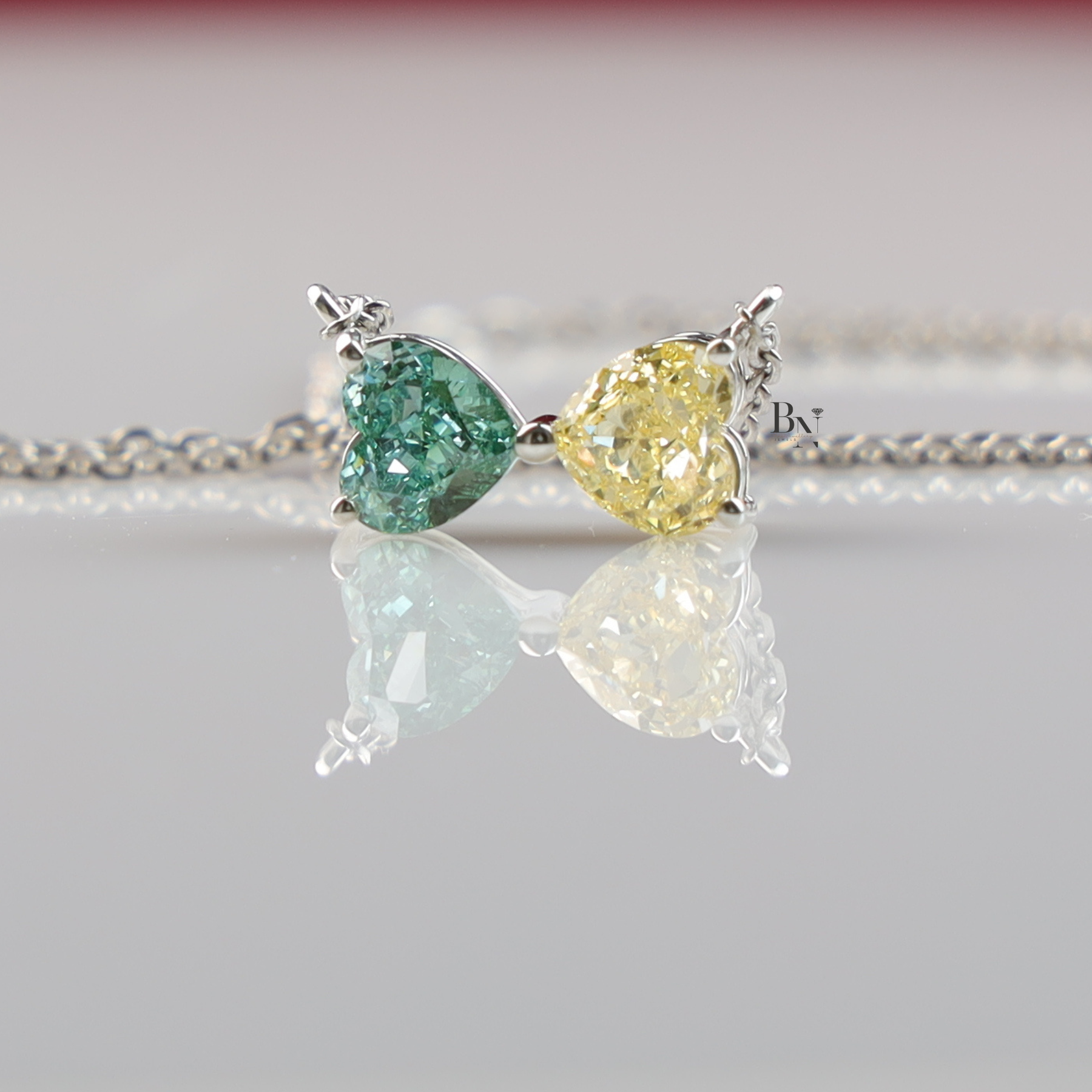 Fancy Color Lab Grown Diamond Necklace, Two Stone Heart Pendant, Green Yellow Toi et Moi Necklace White