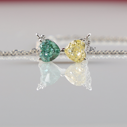Fancy Color Lab Grown Diamond Necklace, Two Stone Heart Pendant, Green Yellow Toi et Moi Necklace White