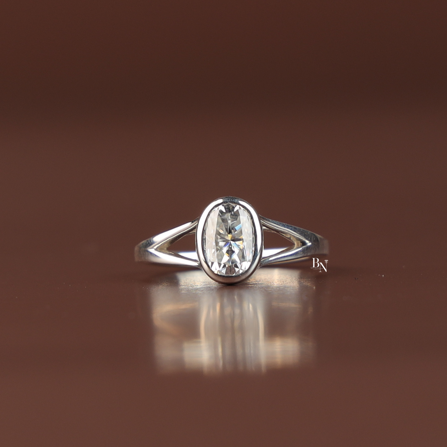1 Ct Oval Lab Diamond Engagement Ring, Bezel Set Split Shank Solitaire Ring, White Gold Tone