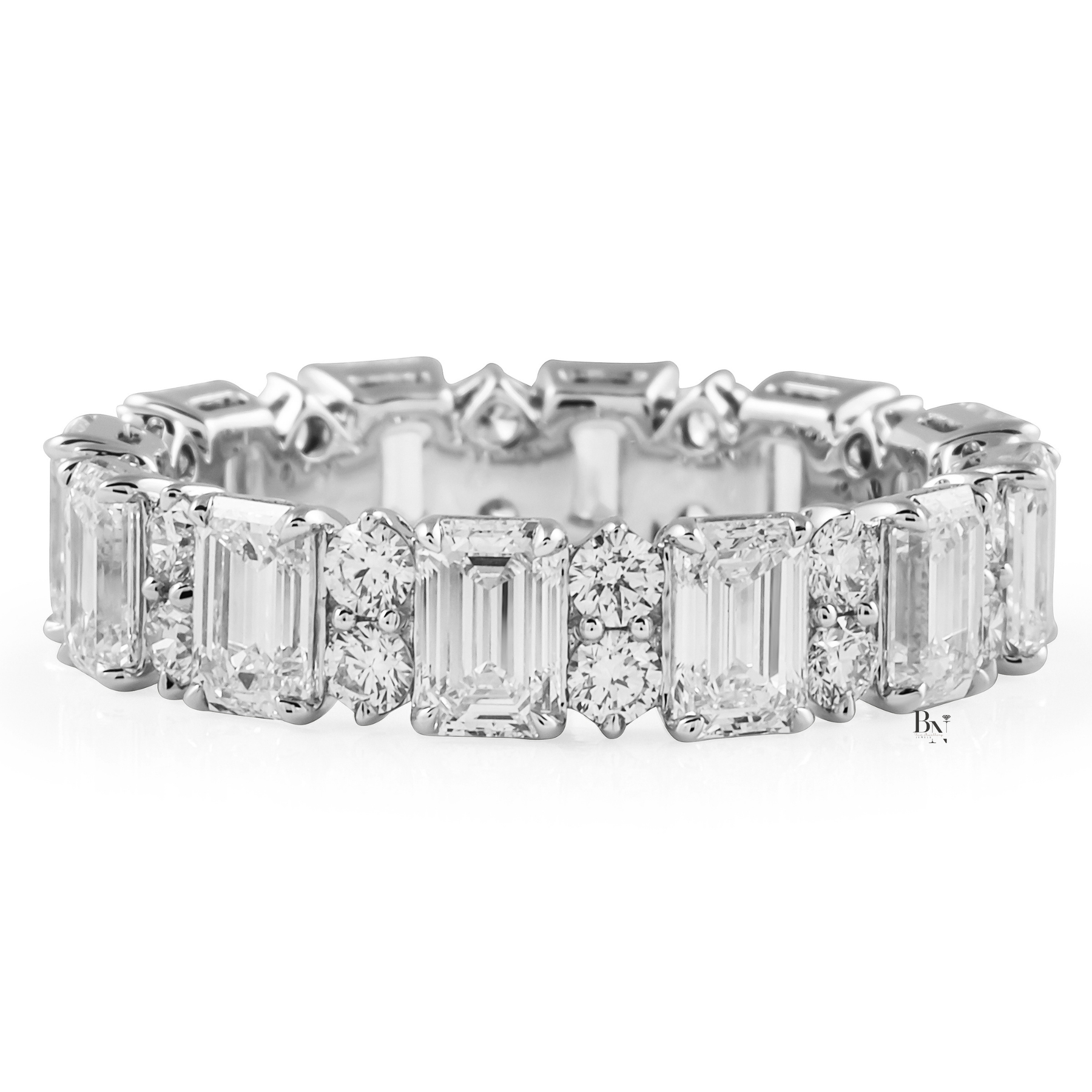 Emerald and Round Lab Grown Diamond Eternity Band, 14K Gold Alternating Cluster Wedding Ring, 3.70 CTW