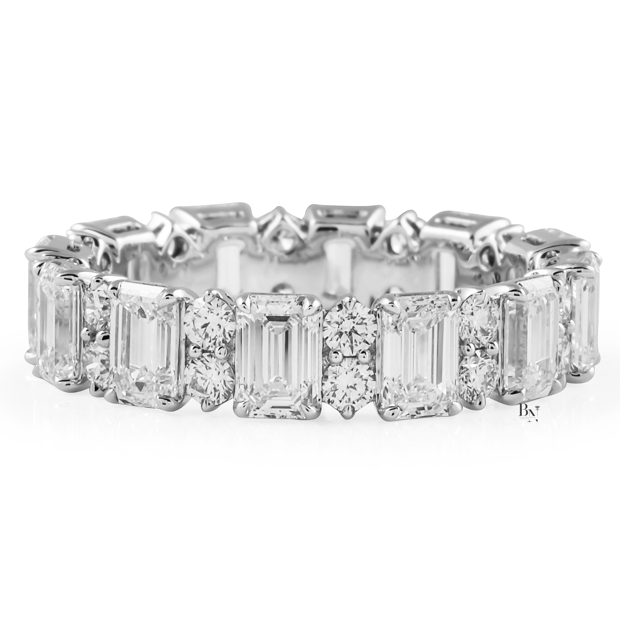 Emerald and Round Lab Grown Diamond Eternity Band, 14K Gold Alternating Cluster Wedding Ring, 3.70 CTW