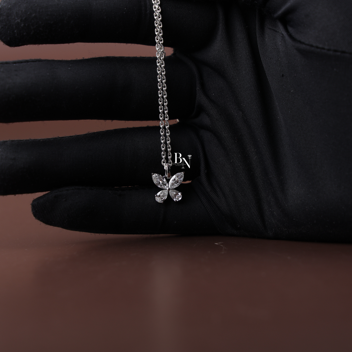 Lab Grown Diamond Butterfly Necklace, Marquise and Pear Cut Pendant, White Gold Tone Fine Jewelry