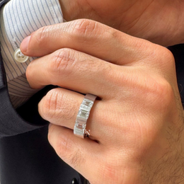 Mens Emerald Cut Lab Diamond Wedding Band, 1.30 CTW 3 Stone Matte Gold Ring, 5.6mm