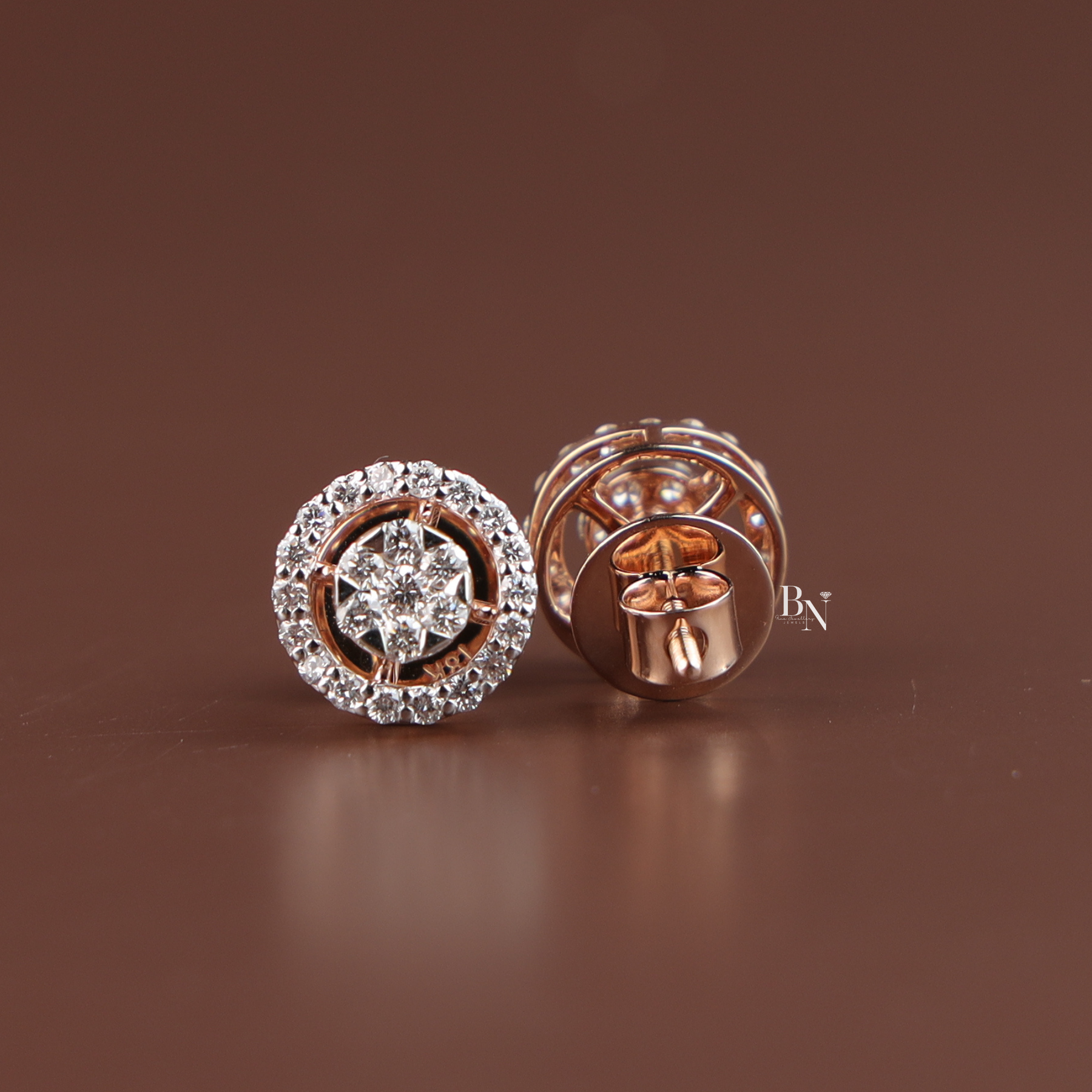 Lab Grown Diamond Stud Earrings, Round Cluster Halo Studs, Rose Gold Screw Back Earrings