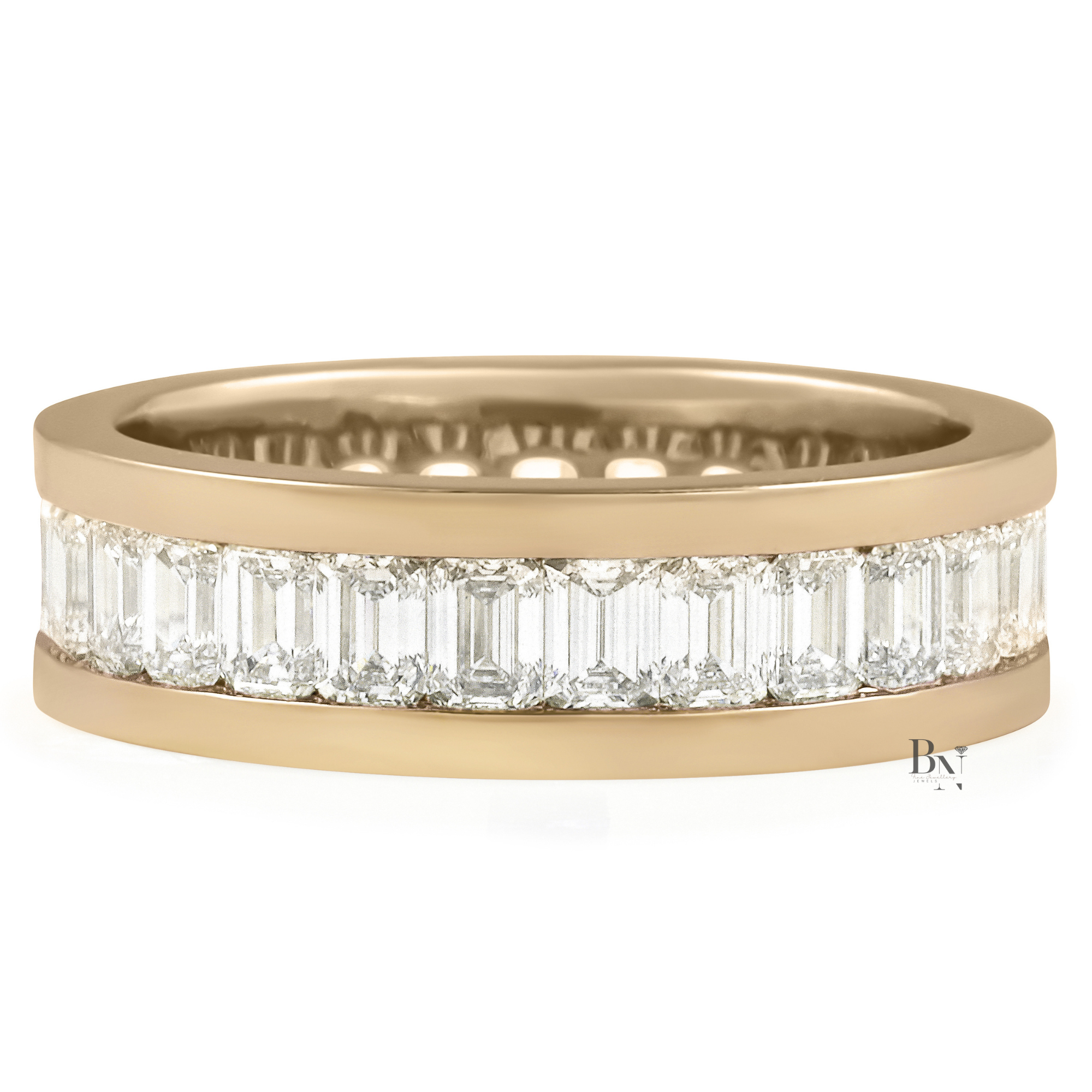 Mens Diamond Wedding Band, 3.90CT Emerald Cut Lab Grown Eternity Ring, 14K Gold Channel Set Band, 6.5mm Wide
