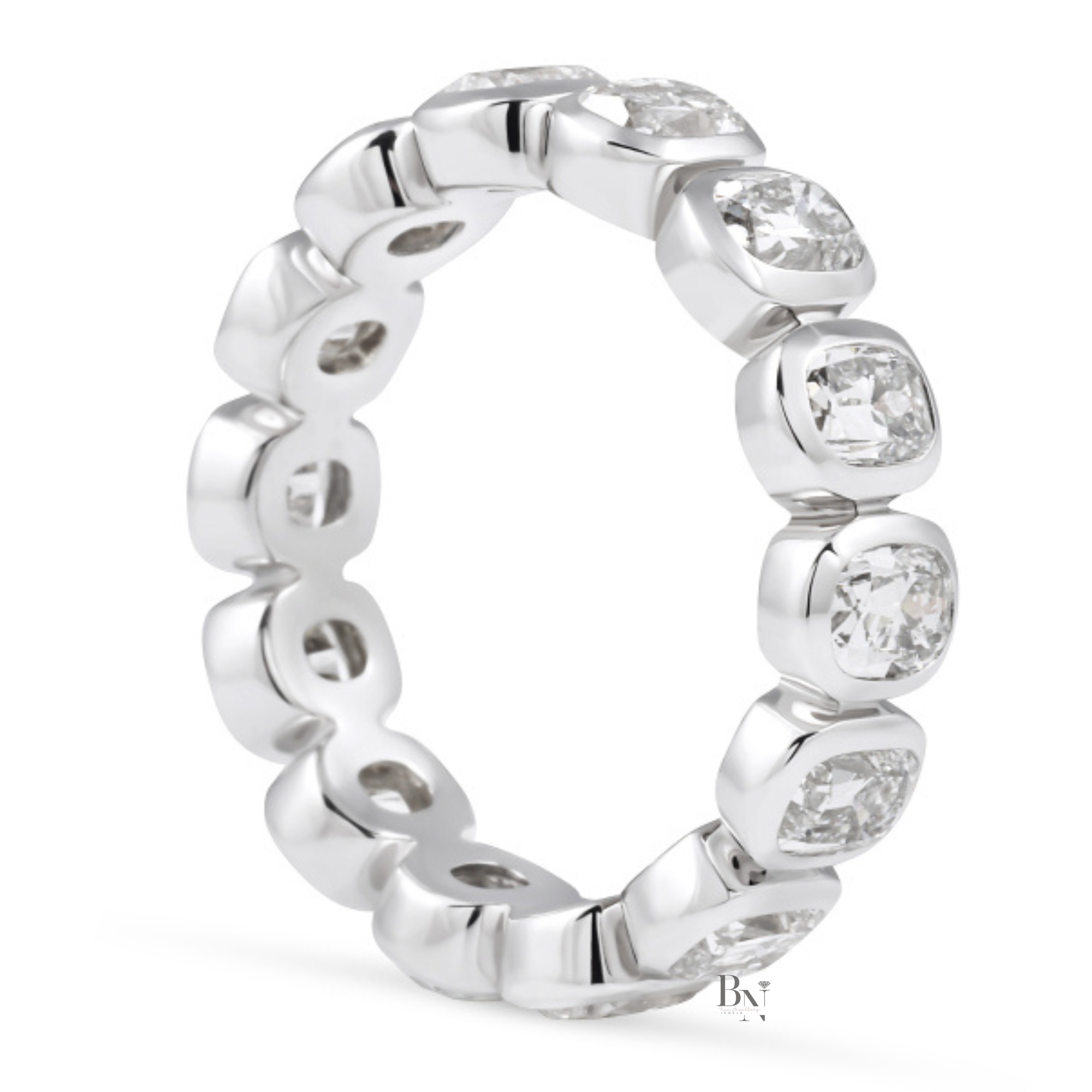 3.65ct Antique Cushion Cut Eternity Band, Bezel Set Lab Diamond Wedding Ring, 5.1mm Wide