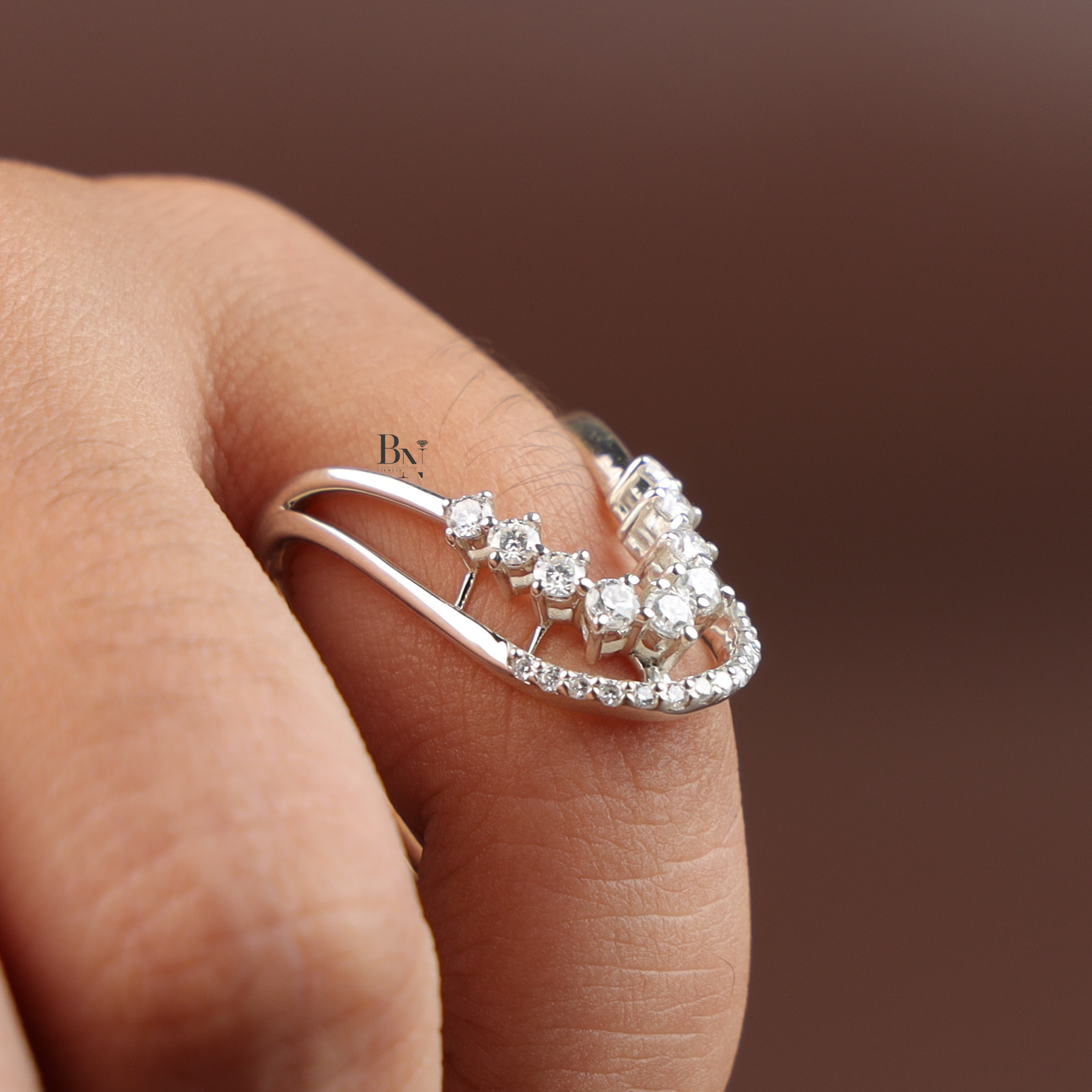U Shape Lab Grown Diamond Wedding Band, Curved Contour Stacking Ring, Round Cut Diamond Ring Enhancer