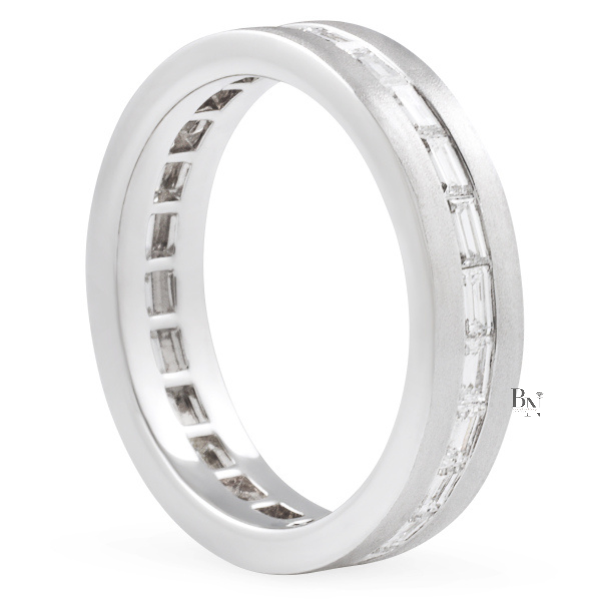 Mens Diamond Wedding Band, Baguette Lab Grown Eternity Ring, Matte 14K Gold Channel Set Band, 5.5mm East West Ring