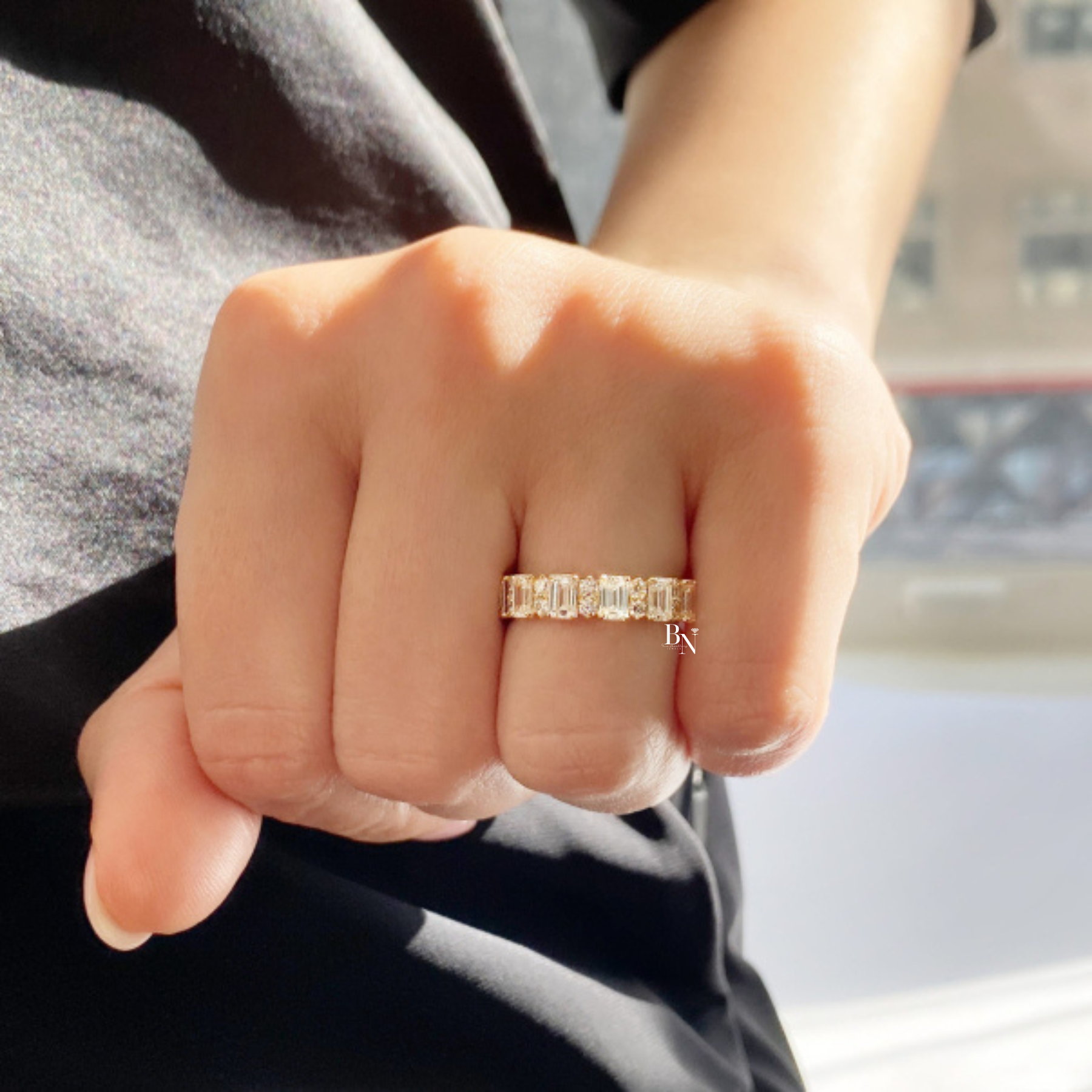 Emerald and Round Lab Grown Diamond Eternity Band, 14K Gold Alternating Cluster Wedding Ring, 3.70 CTW