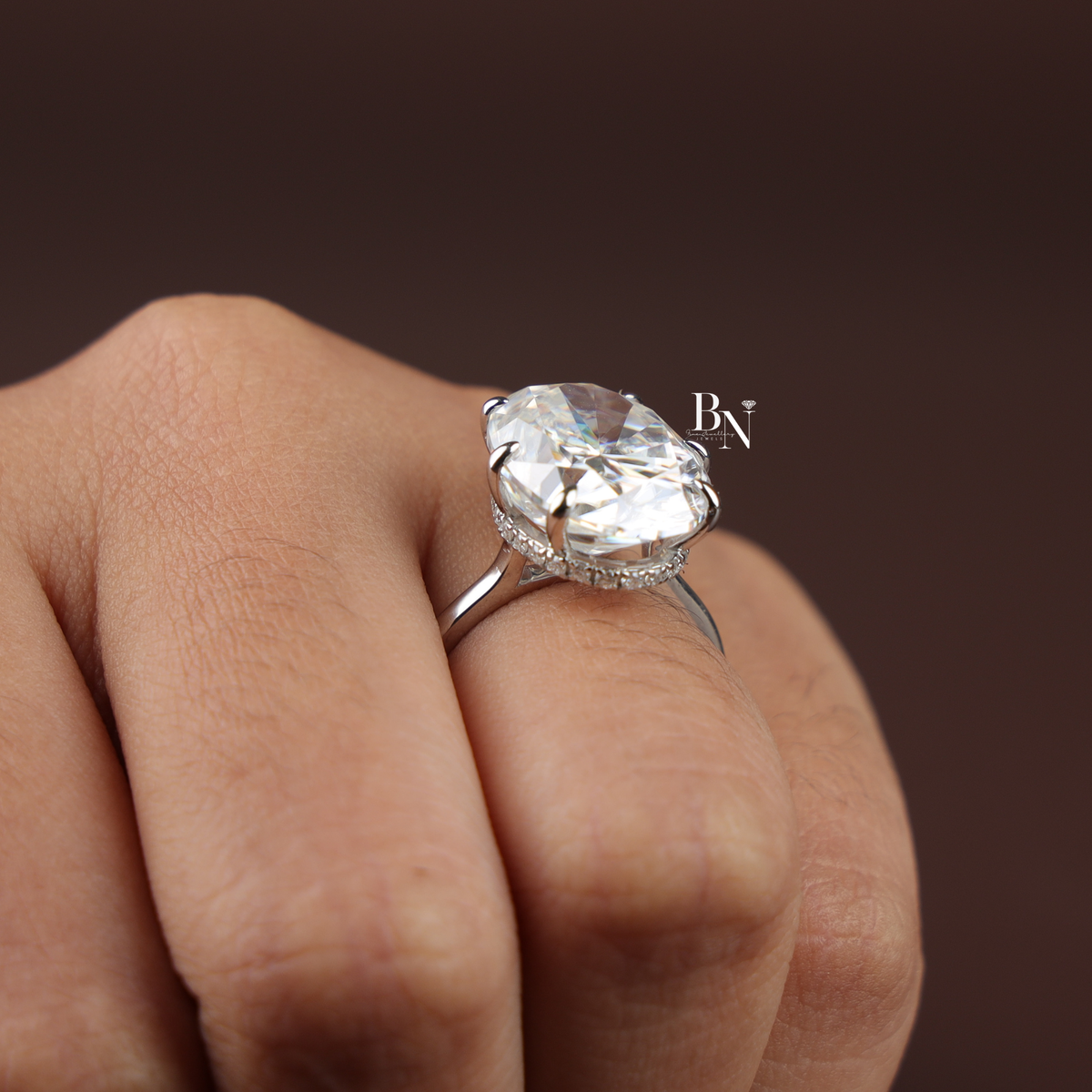 10 Carat Oval Moissanite Engagement Ring, Hidden Halo Solitaire, 6 Prong White Gold Ring