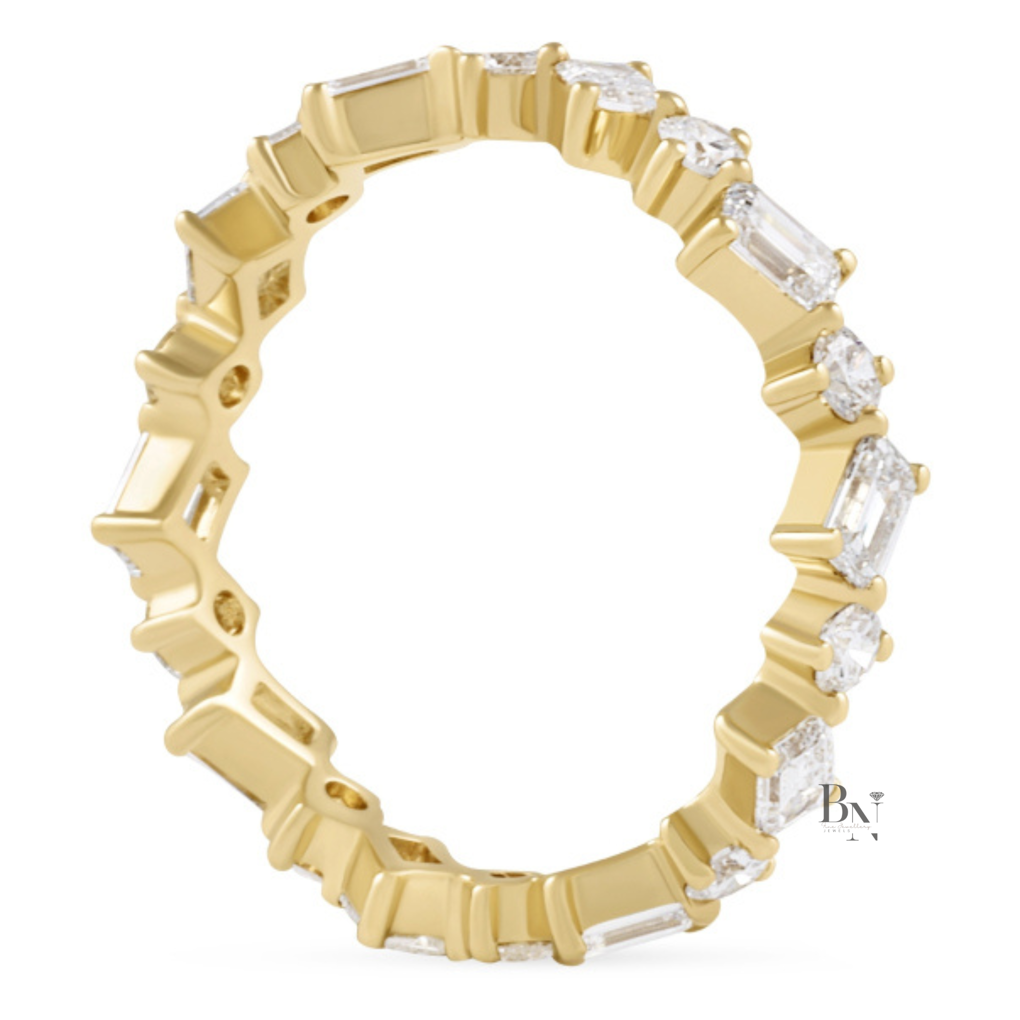Angled view of a 14K yellow gold eternity band featuring a zig-zag pattern of alternating emerald-cut and round brilliant lab-grown diamonds.