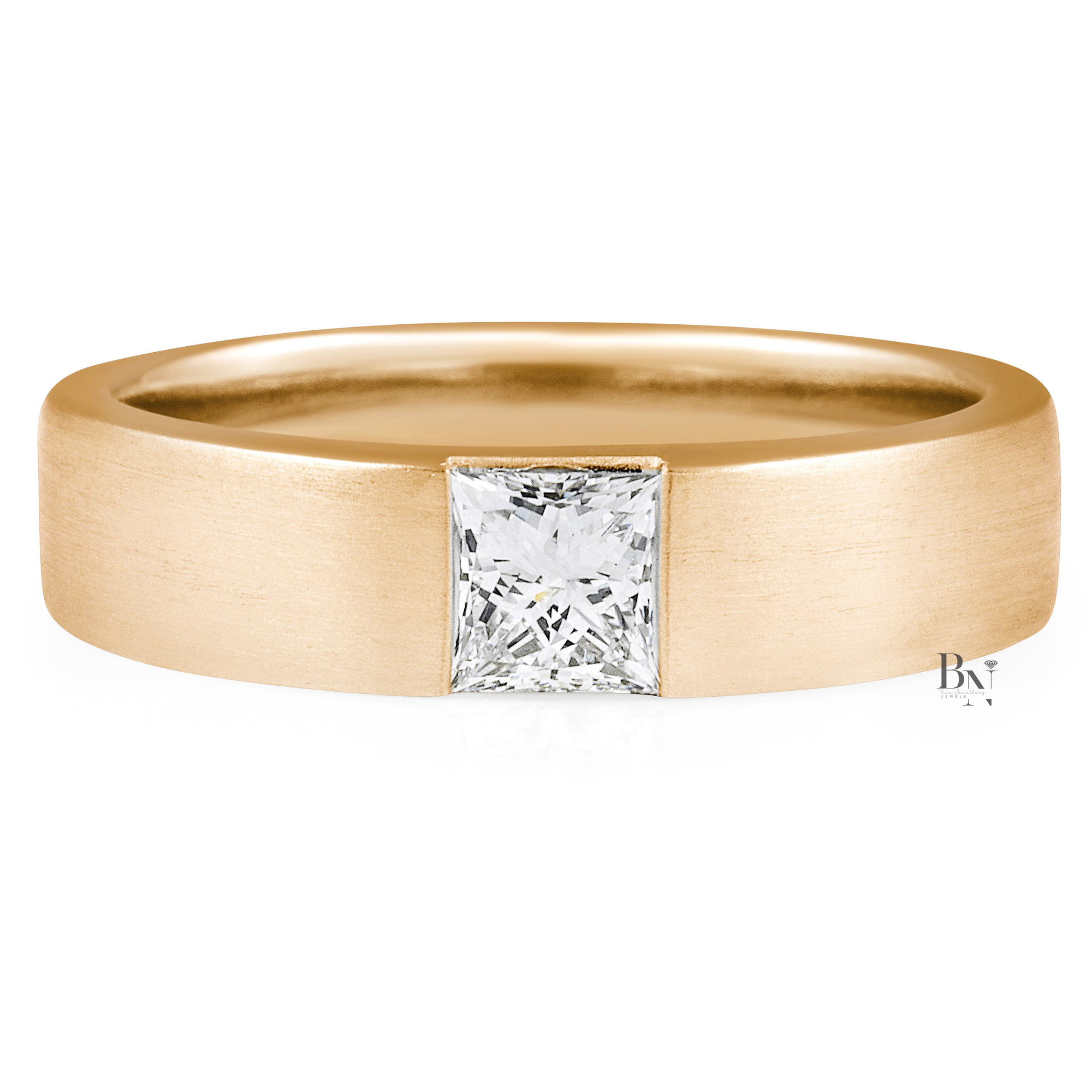 14K Gold Mens Lab Diamond Wedding Band, Matte Princess Cut Flush Set Ring, 5.2mm Minimalist Anniversary Band