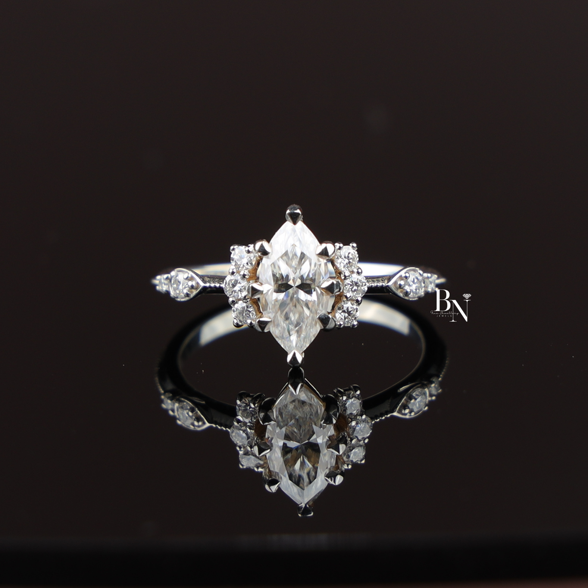 1.1ct Marquise Lab Grown Diamond Engagement Ring, Vintage Inspired Cluster Ring, Milgrain Diamond Ring
