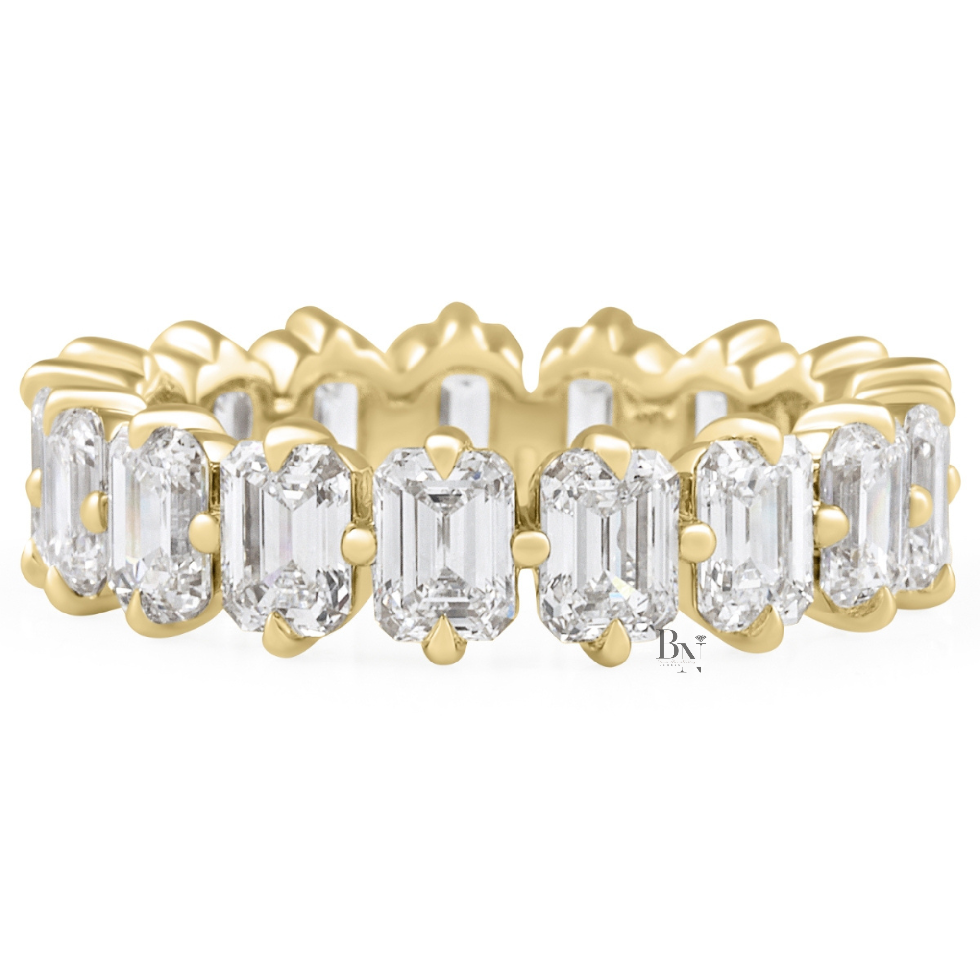 4CTW Emerald Cut Lab Diamond Eternity Band, Compass Prong Wedding Ring, 14K Gold 5.3mm Band