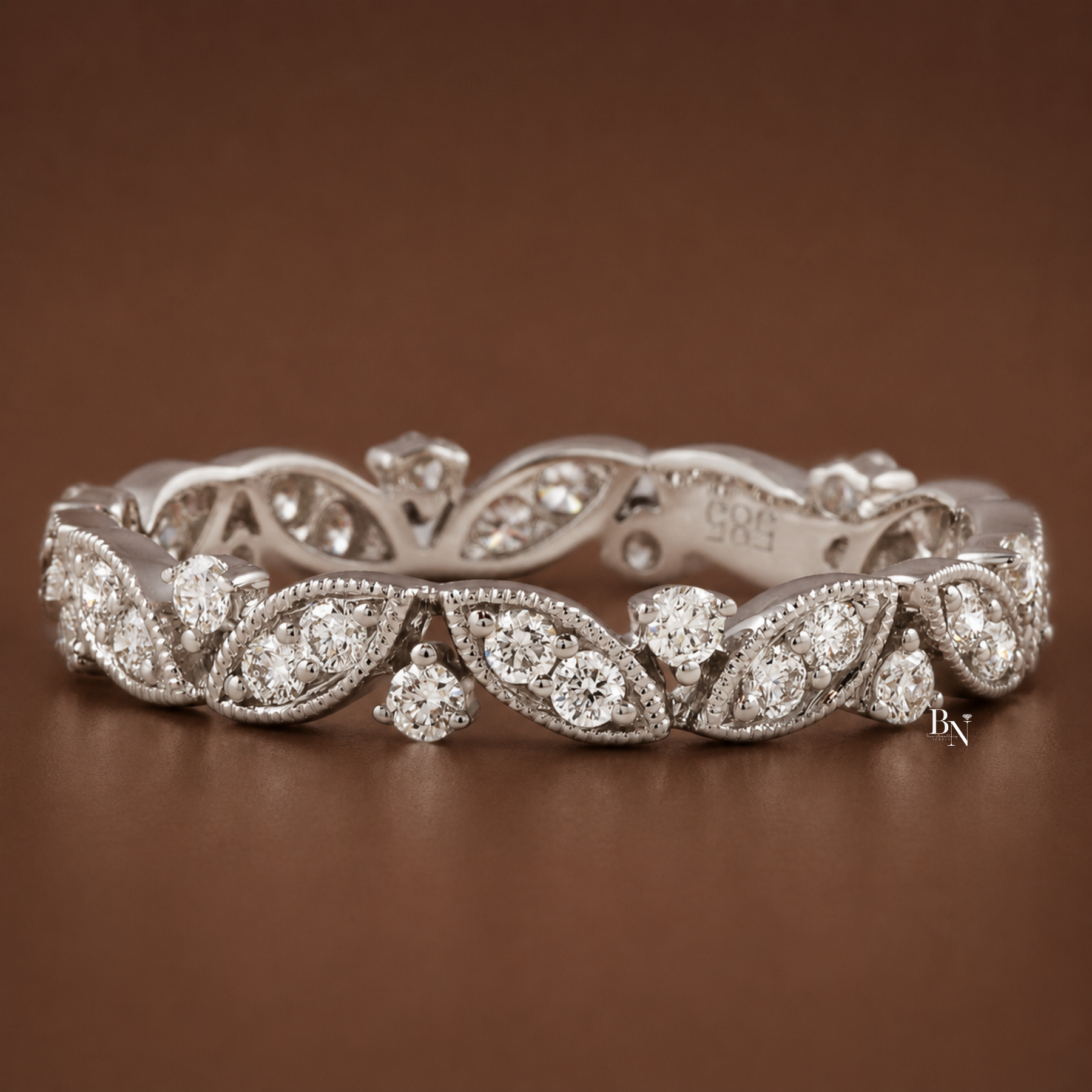 Vintage Floral Lab Diamond Wedding Band, 14K Gold Milgrain Eternity Ring, 0.40 CTW Round Cut