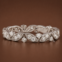 Vintage Floral Lab Diamond Wedding Band, 14K Gold Milgrain Eternity Ring, 0.40 CTW Round Cut