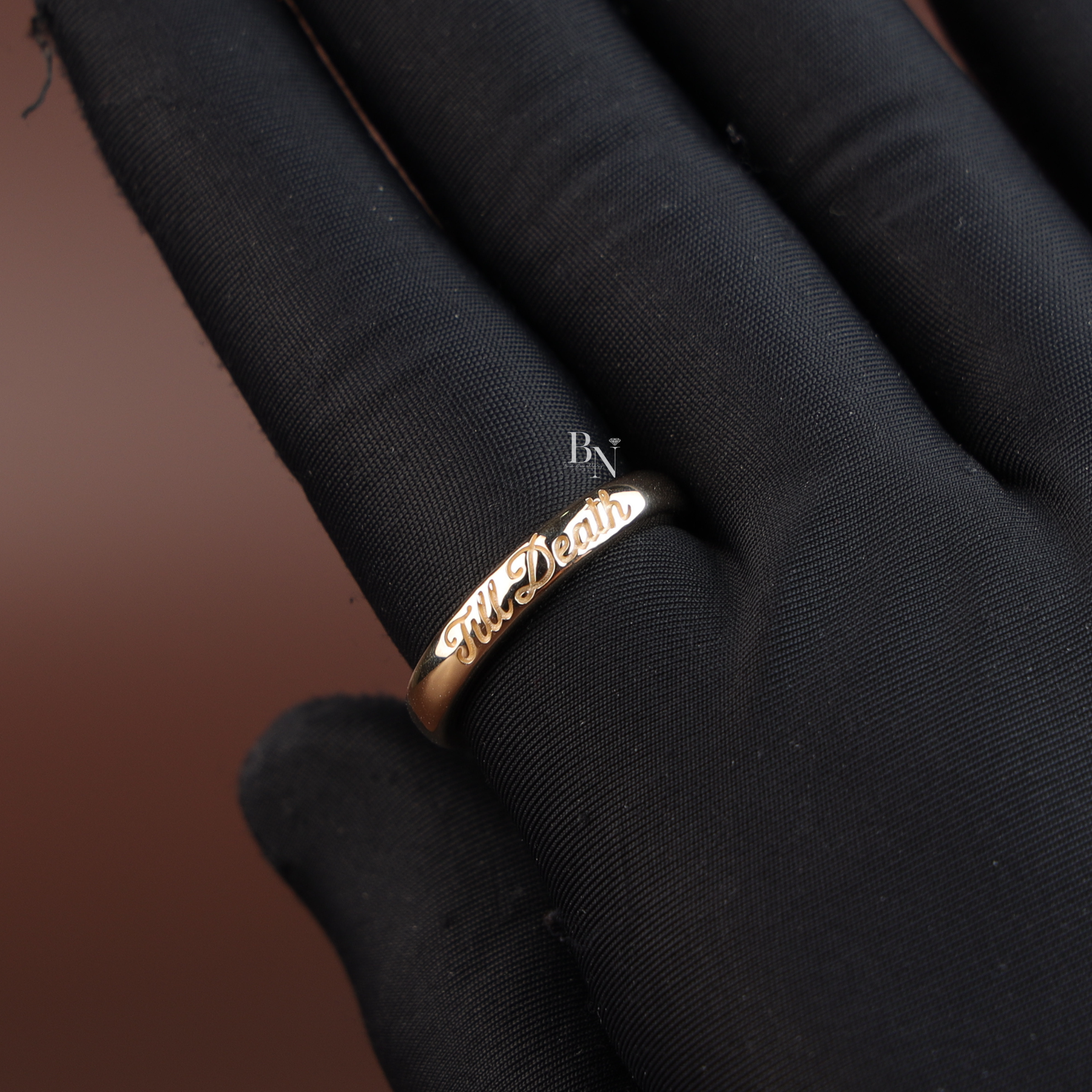 Till Death Wedding Band Set, 14K Gold Couple Rings, Matching Engraved Bands, Script Wedding Ring Set