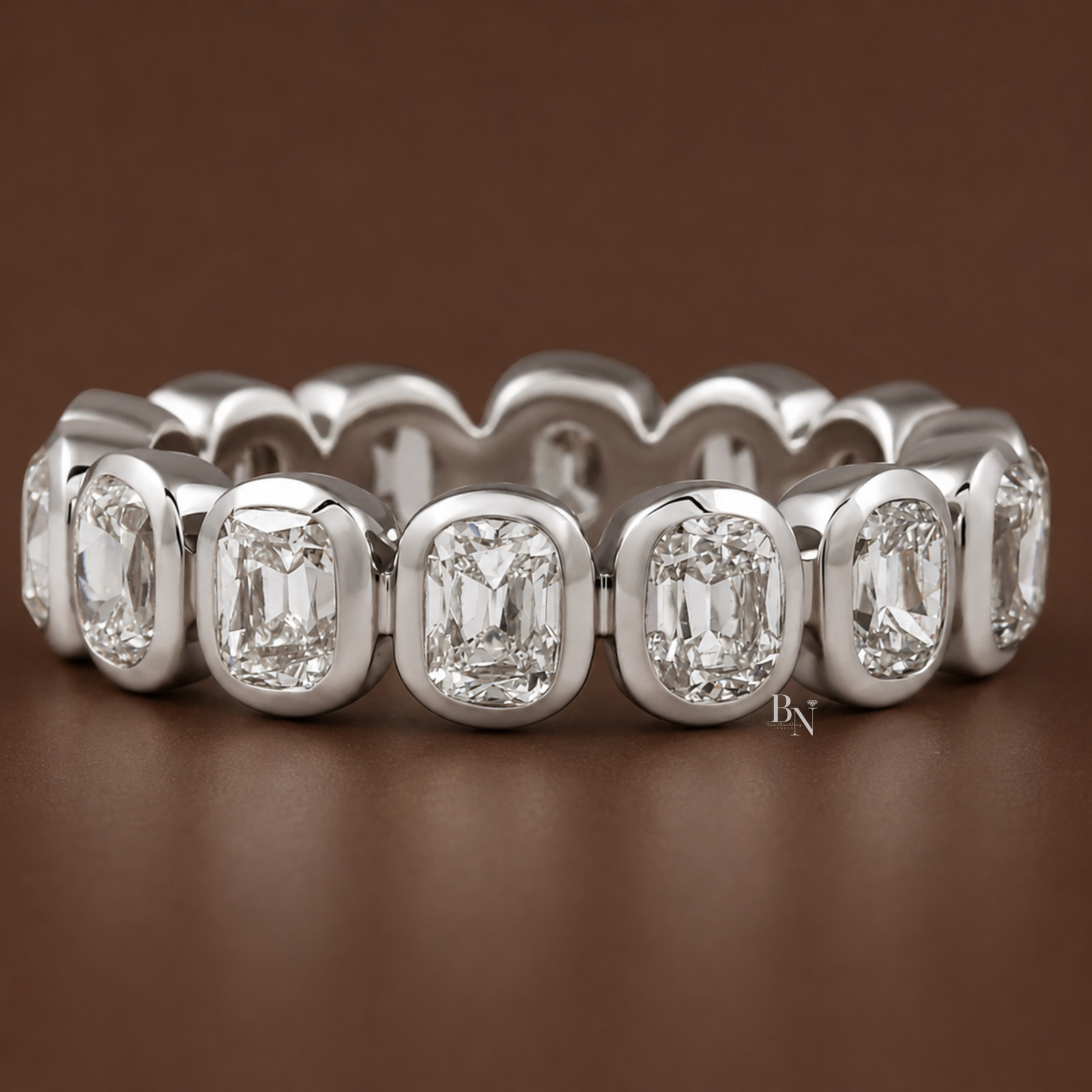 3.65ct Antique Cushion Cut Eternity Band, Bezel Set Lab Diamond Wedding Ring, 5.1mm Wide