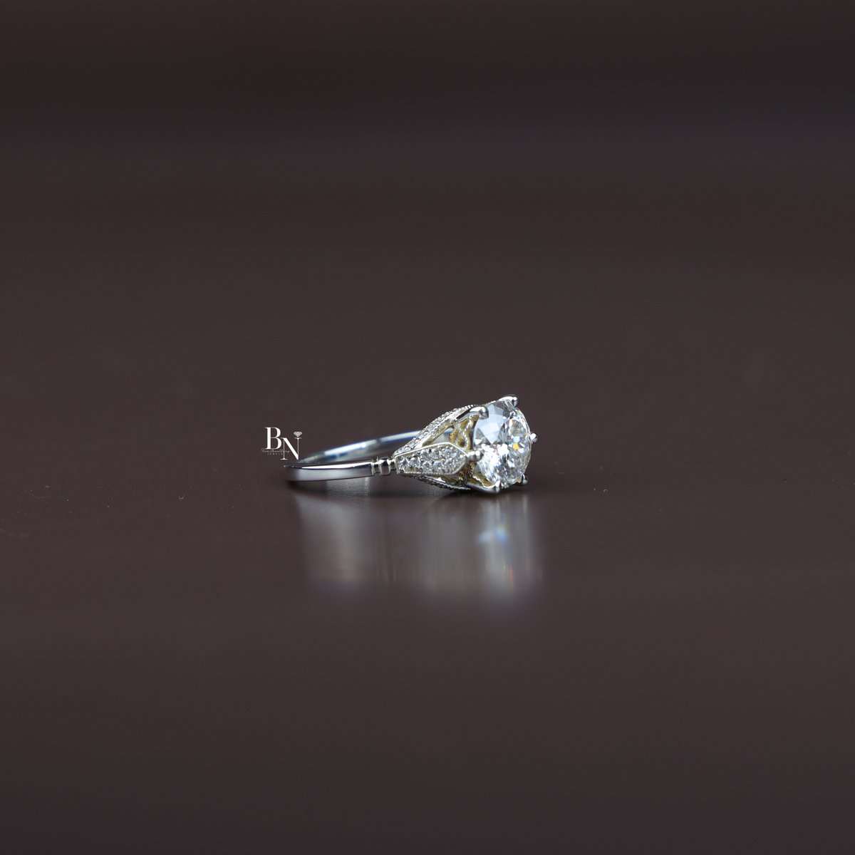 2 Carat Portuguese Cut Lab Grown Diamond Engagement Ring, Cathedral Setting with Pavé Band