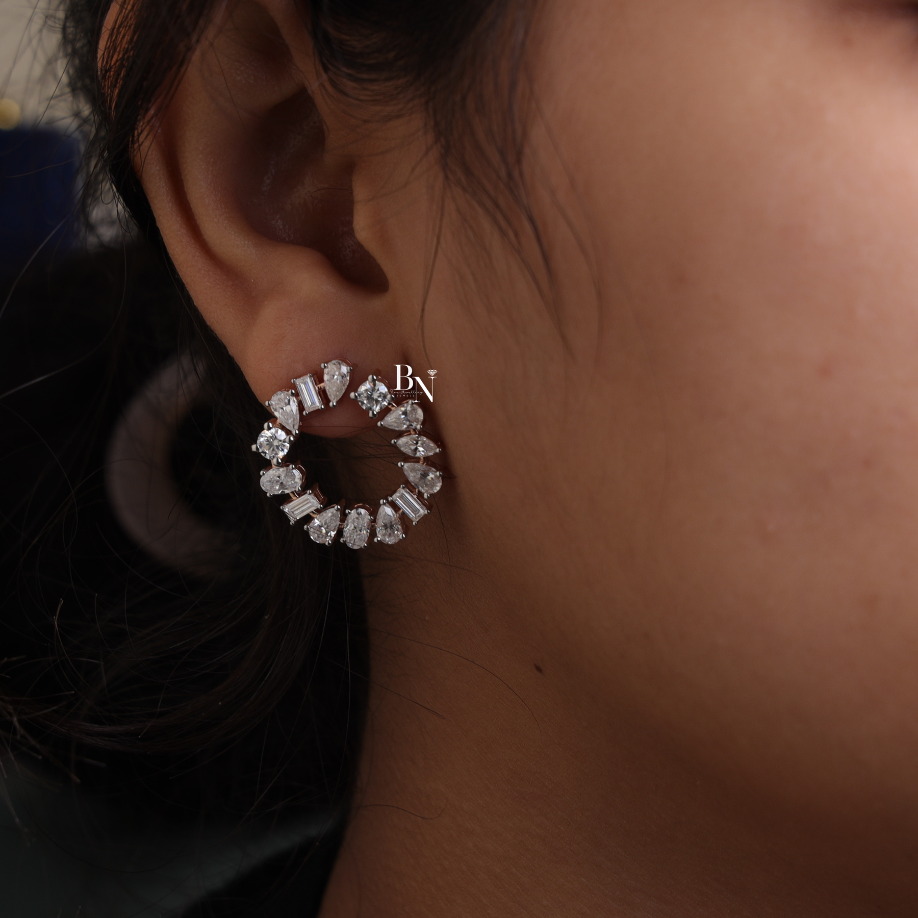 Lab Grown Diamond Open Circle Earrings, Mixed Cut Diamond Studs, Diamond Wreath Earrings