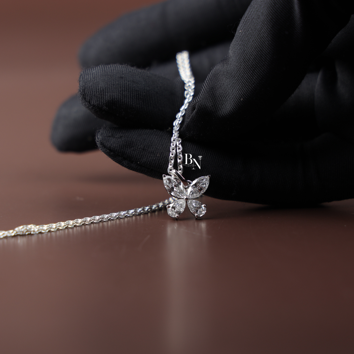 Lab Grown Diamond Butterfly Necklace, Marquise and Pear Cut Pendant, White Gold Tone Fine Jewelry
