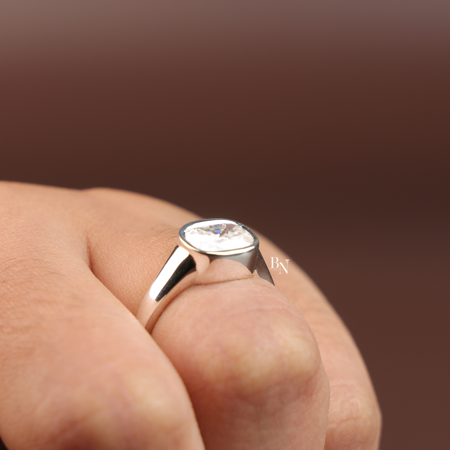 1.40 CT East West Cushion Cut Lab Diamond Ring, Low Profile Bezel Set Solitaire Ring