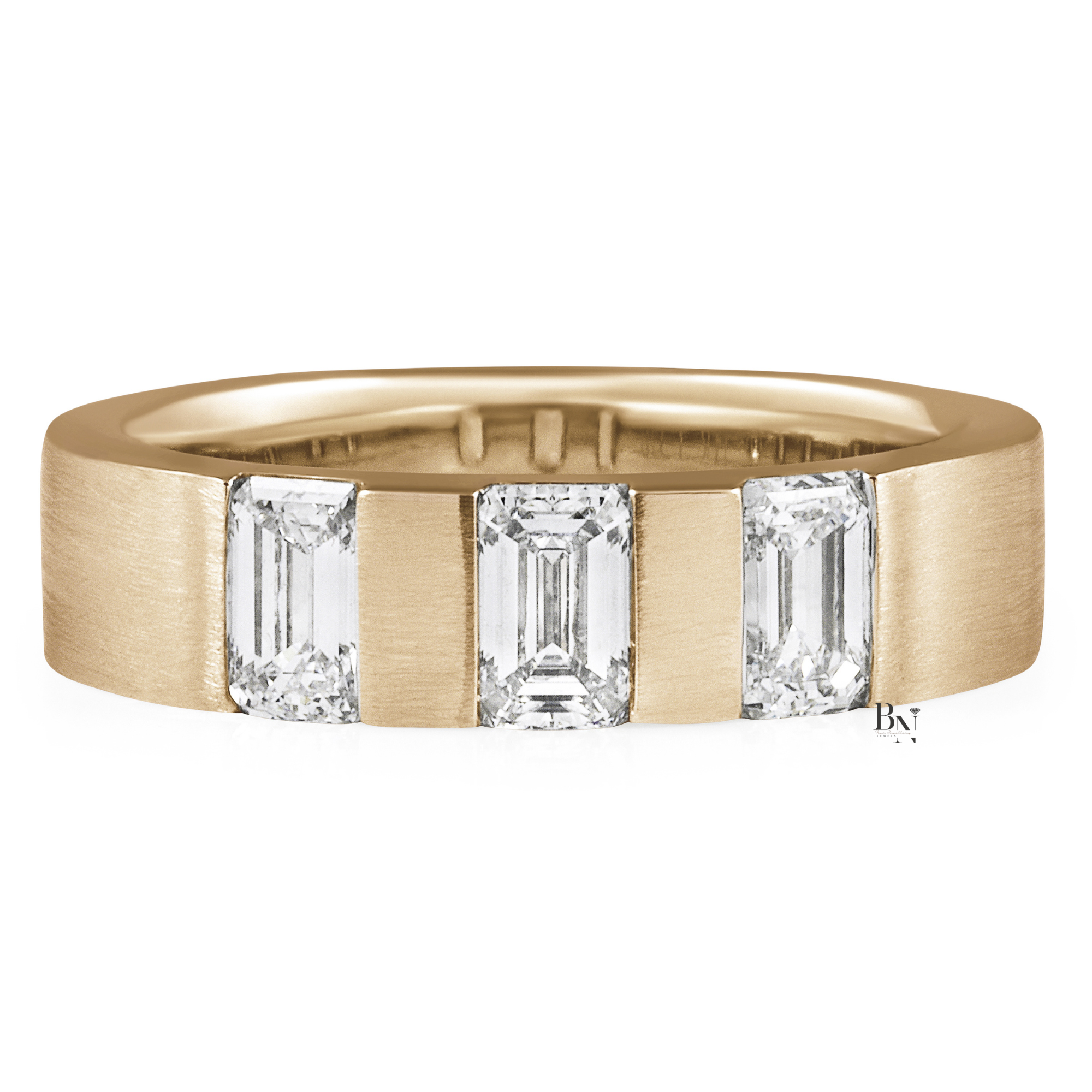 Mens Emerald Cut Lab Diamond Wedding Band, 1.30 CTW 3 Stone Matte Gold Ring, 5.6mm