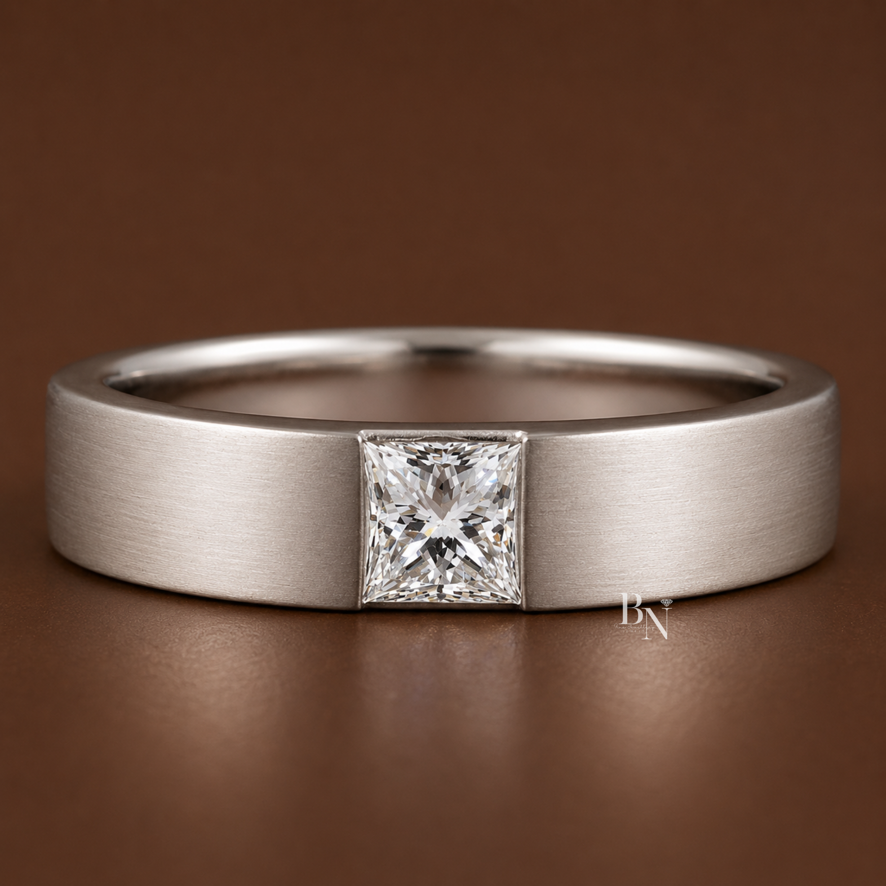 14K Gold Mens Lab Diamond Wedding Band, Matte Princess Cut Flush Set Ring, 5.2mm Minimalist Anniversary Band