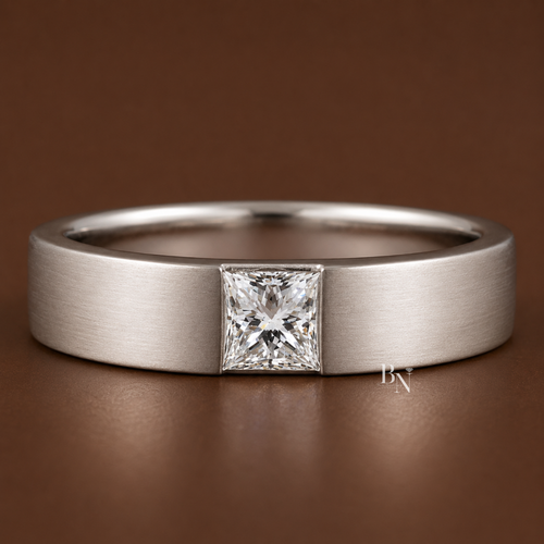 Front view of a 14K rose gold men's ring featuring a matte finish and a single 0.65 carat princess-cut lab-grown diamond in a flush setting.
