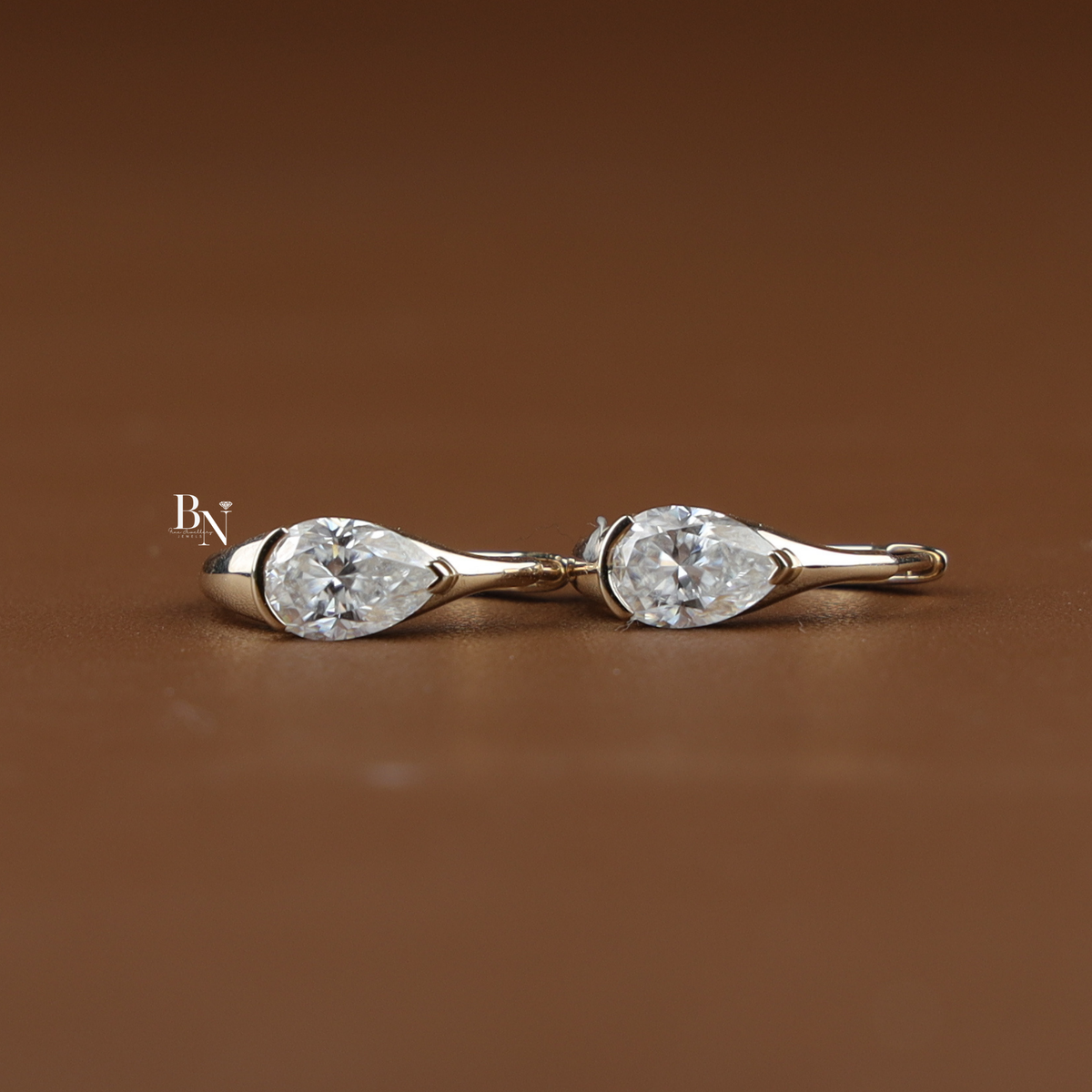 Pear Cut Lab Grown Diamond Huggie Earrings, Minimalist Solitaire Hoop Earrings, Half Bezel Diamond Hoops