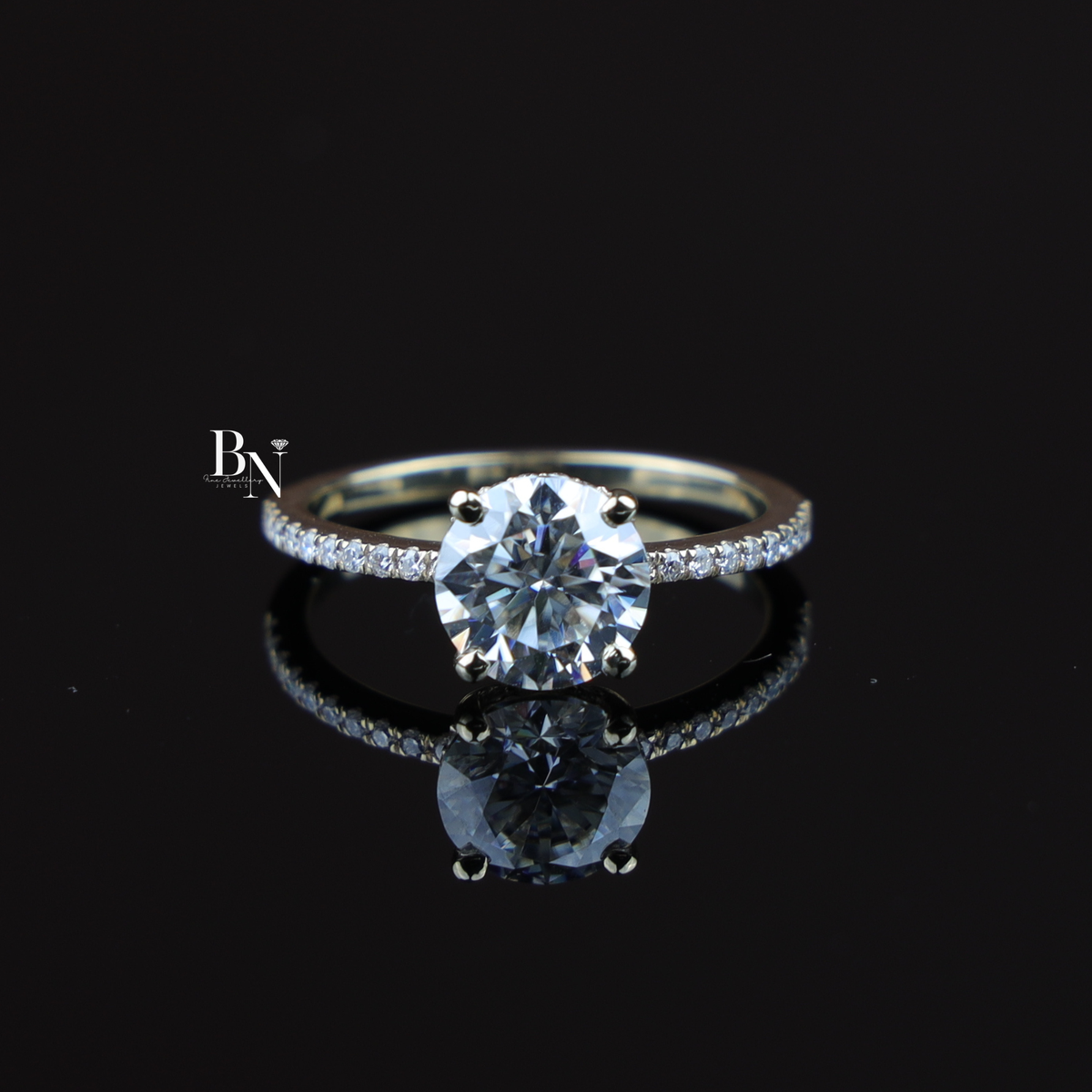 2 Carat Round Lab Diamond Engagement Ring, Hidden Halo Solitaire Ring with Pave Band in Gold