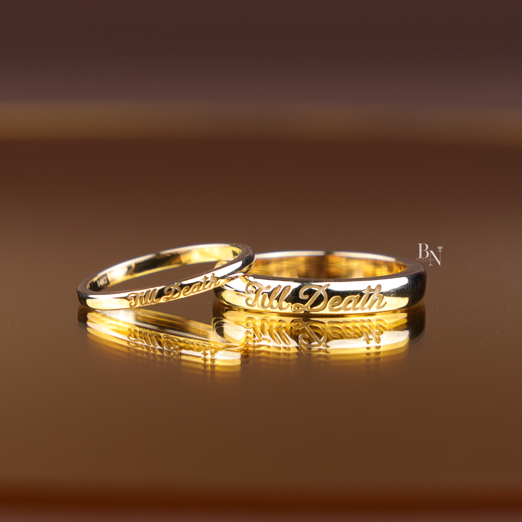 Till Death Wedding Band Set, 14K Gold Couple Rings, Matching Engraved Bands, Script Wedding Ring Set