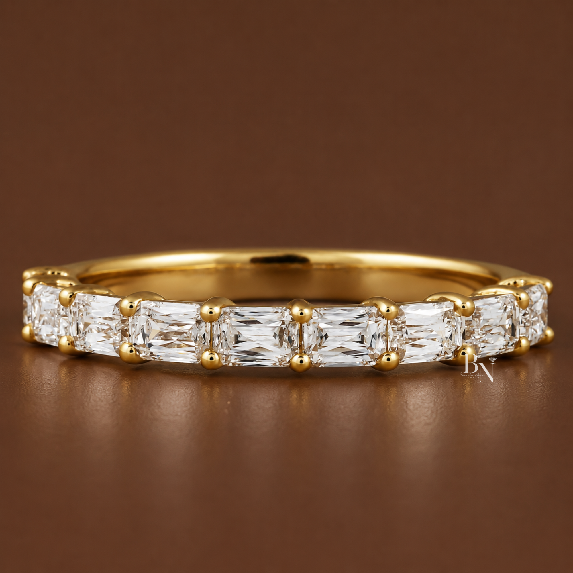 Criss cut lab diamond halfway band in a gold shared prong setting. This fine jewelry ring offers a unique modern aesthetic for a luxury bridal stack or anniversary gift.